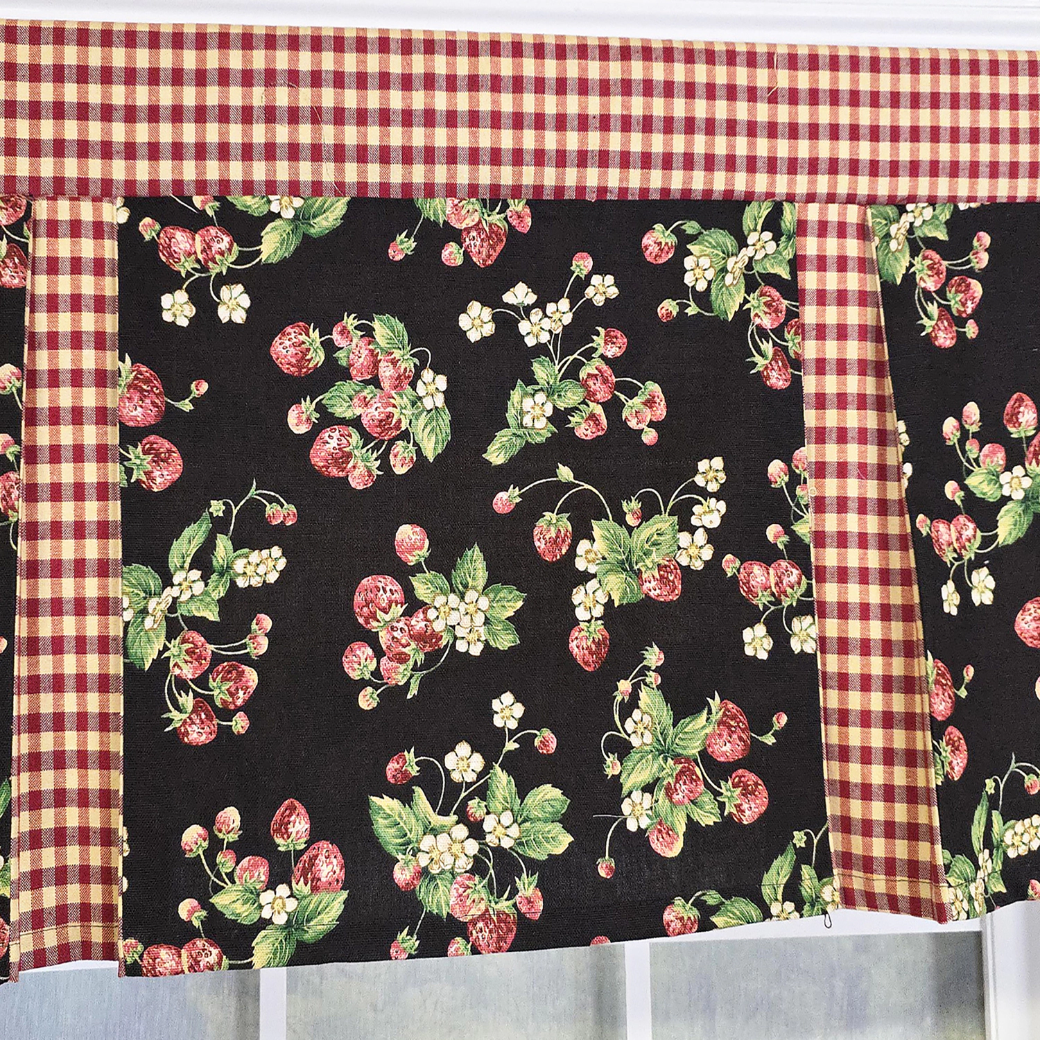 RLF Home Strawberry Pleated 100% Cotton Rod Pocket  Window Valance 50" x 17" Black