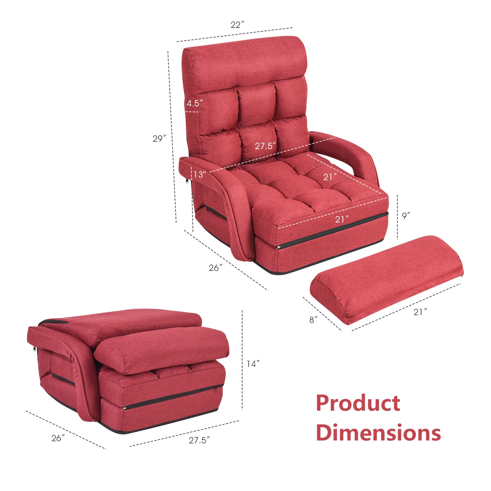 SUGIFT 6-Position Adjustable Backrest Padded Armrests Lumbar Pillow Folding Floor Armchair 22-in x 26-in x 29-in Red