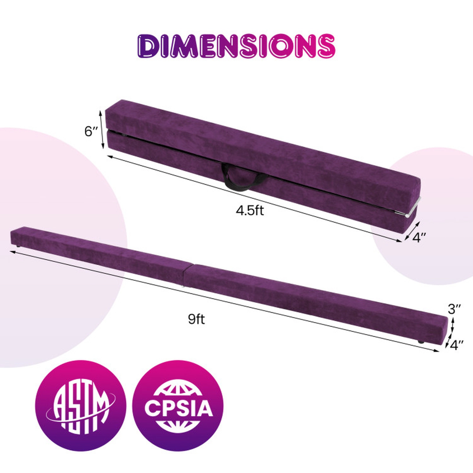 SUGIFT Kids Purple 9-ft Folding Gymnastics Balance Beam with Pine Wood Base Ages 3-10 160-lb User Capacity