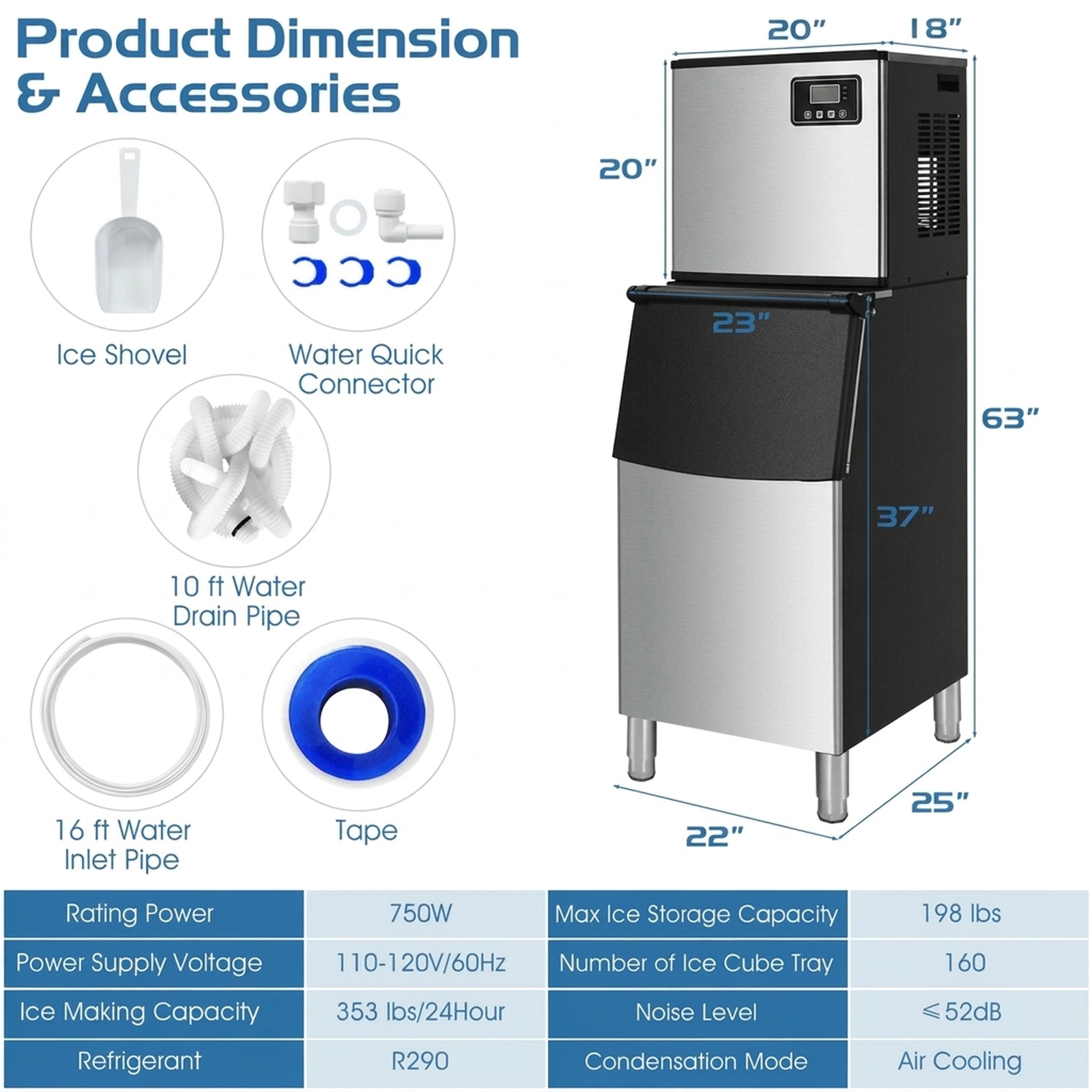 SUGIFT Black Split Commercial Ice Maker with 353-lb Daily Output and 198-lb Storage Bin 25-in W 22-in D 63-in H