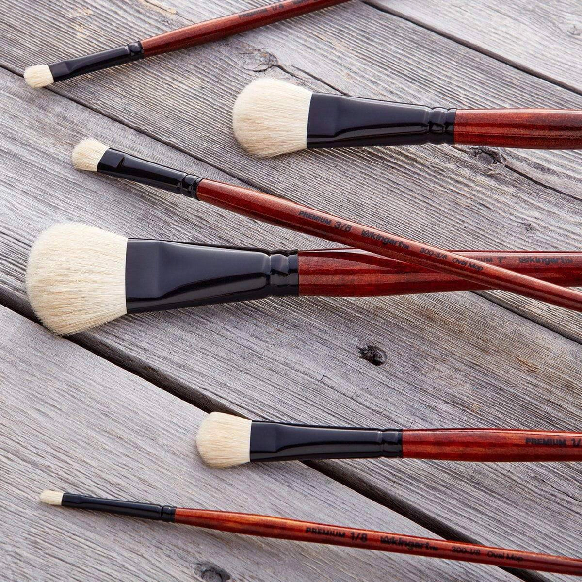 KINGART White Oval Mop Brush Set - 6 pc, Natural Goat Hair, Short Handles