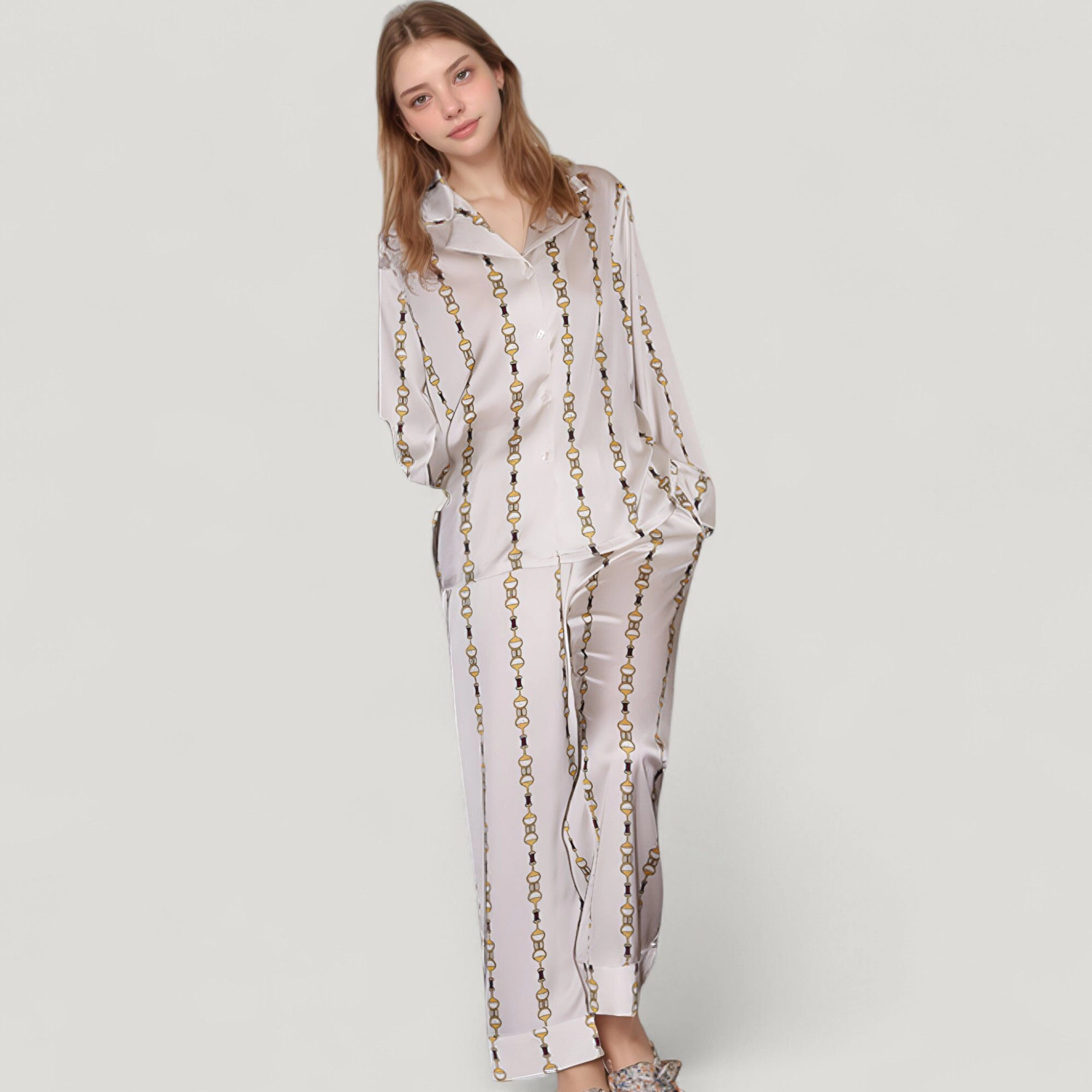 Anna-Kaci Women's Vertical Chain Print Pajama Set Long Sleeve Notch Collar Button Down Top and Silky Relaxed Woven Pants