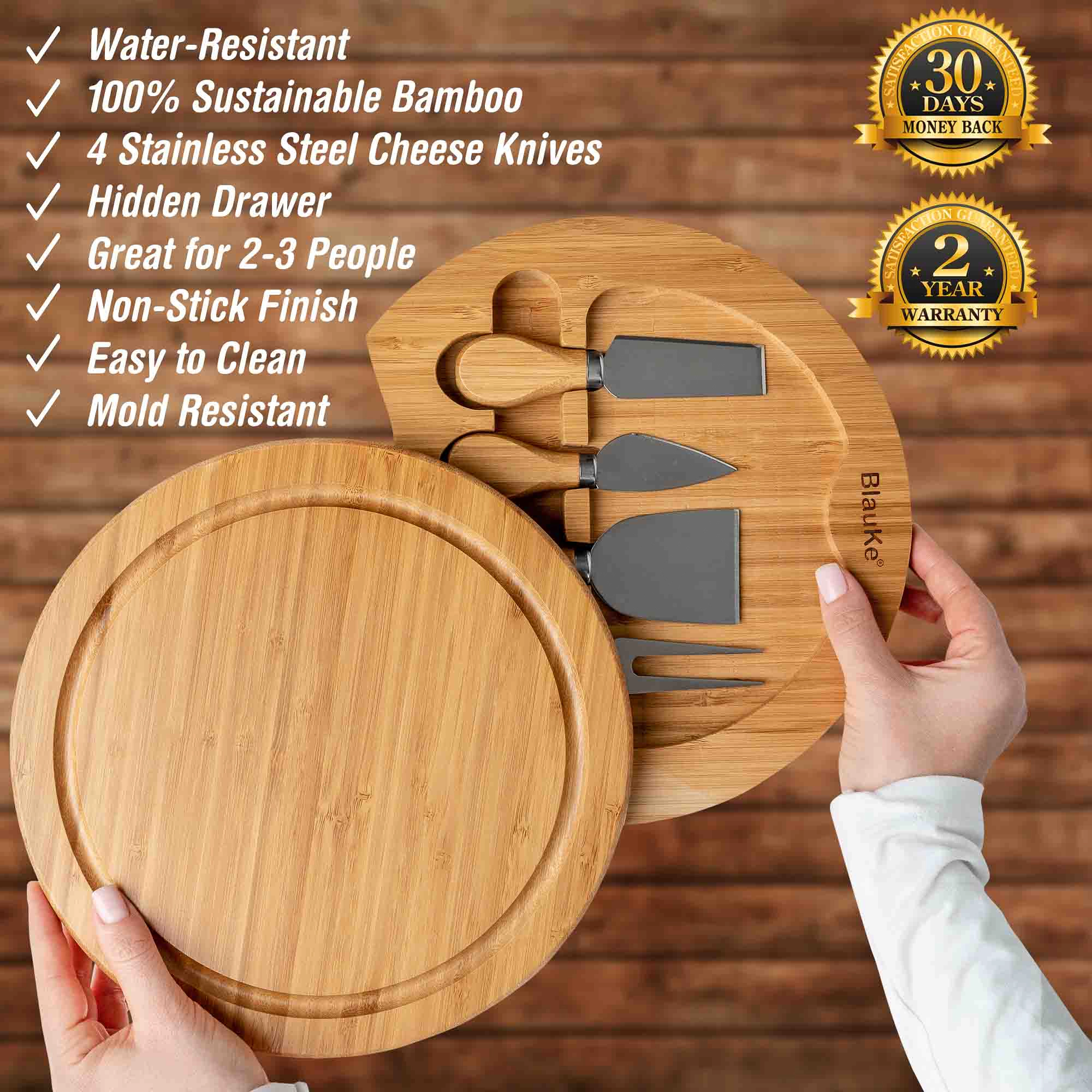 Bamboo Cheese Board and Knife Set - 10-Inch Charcuterie Board with Slide-Out Drawer and Cheese Knives - Perfect Gift