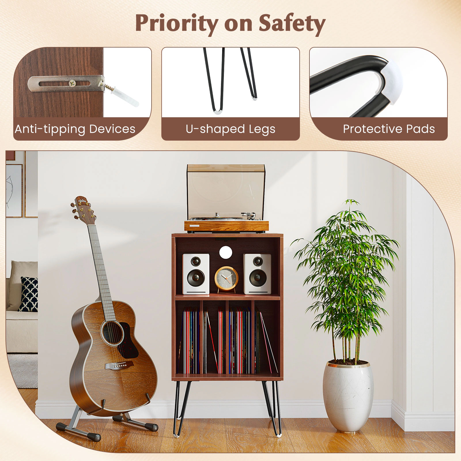 Glintex 35-Inch Tall Vinyl Record Stand with 3-Tier Storage and Charging Ports, Walnut
