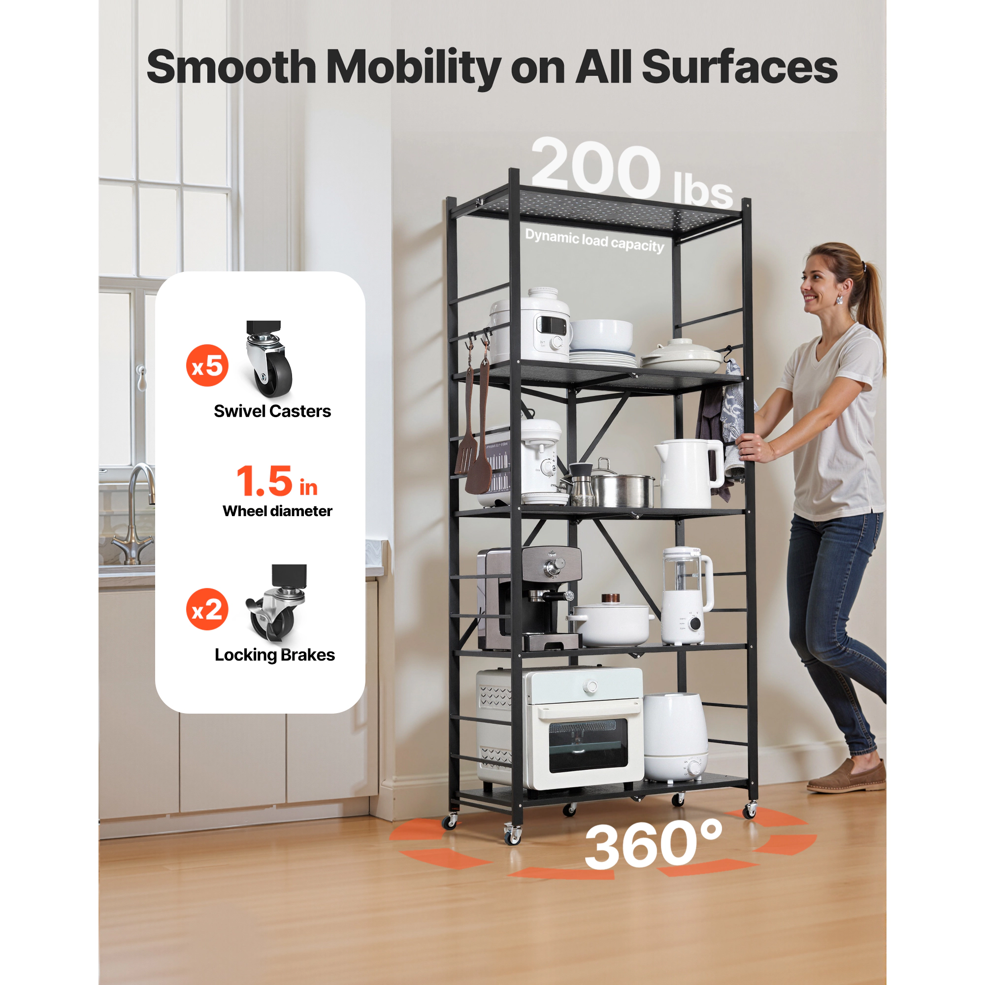 HONGGE Foldable Storage Shelf Folding Metal Rack Shelving Unit No Assembly Organizer Shelf with 5 Wheels & 4 Hooks for