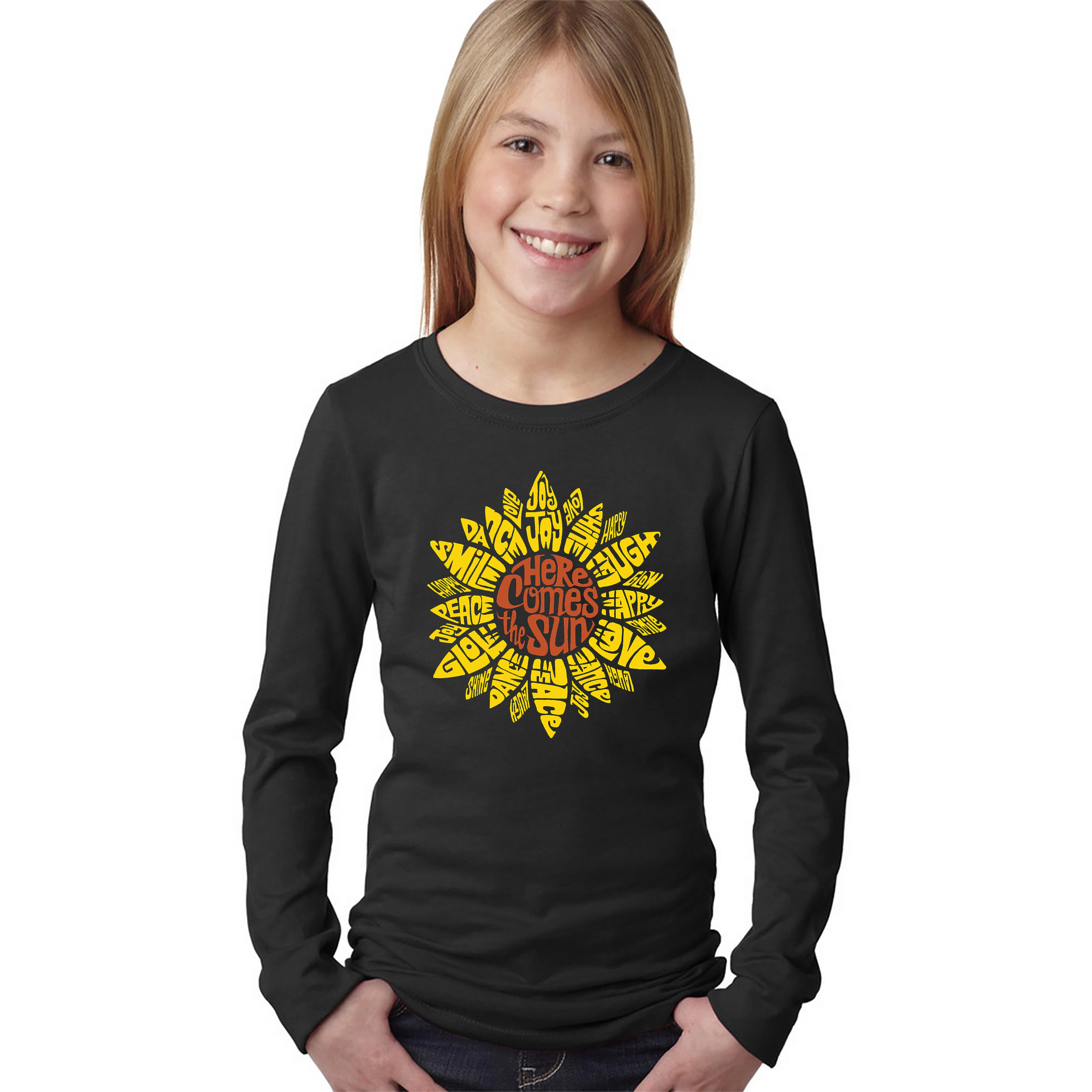 LA Pop Art Girls Long Sleeve Word T-Shirt - Sunflower