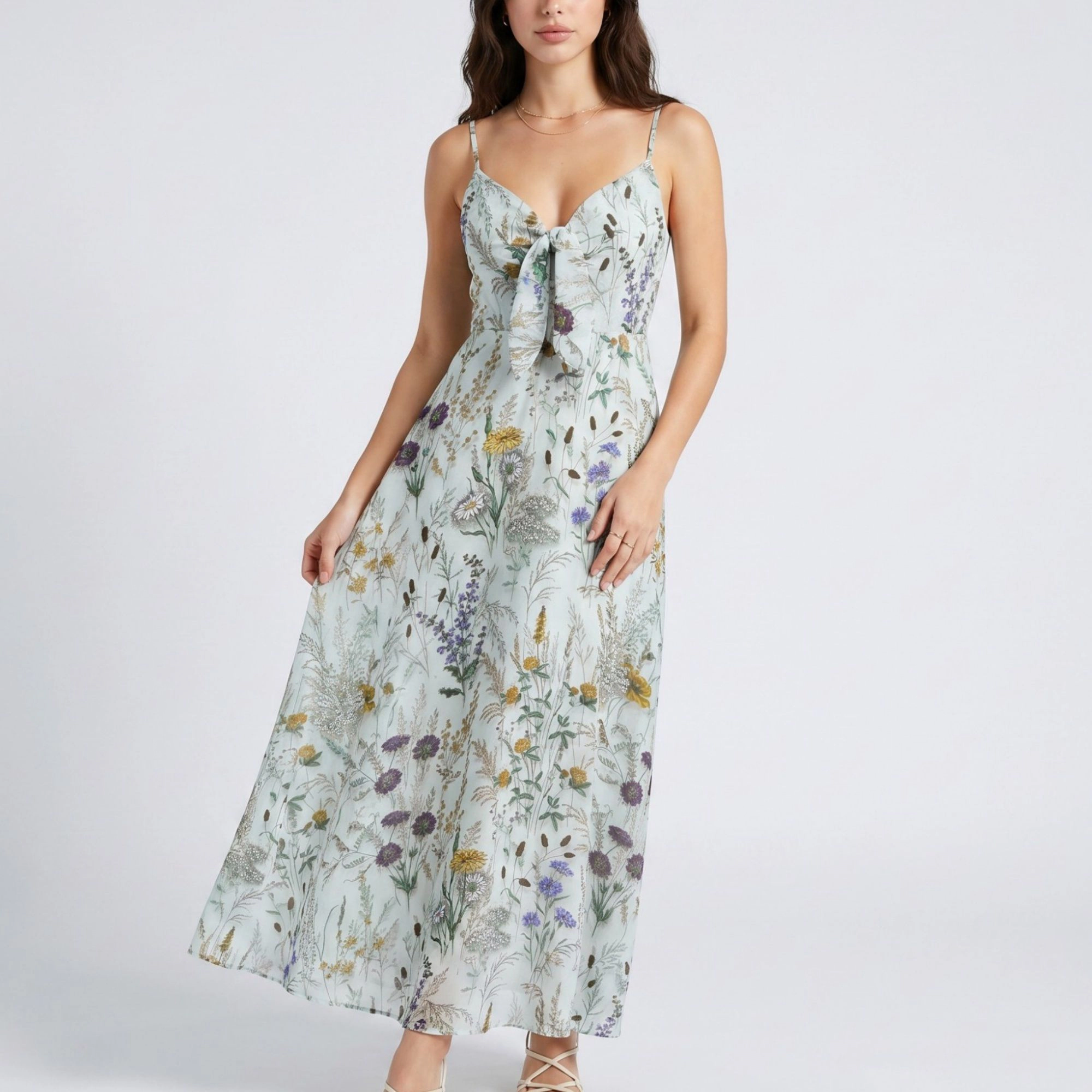 Anna-Kaci Women's Floral Print Tie Front Spaghetti Straps Maxi Dress