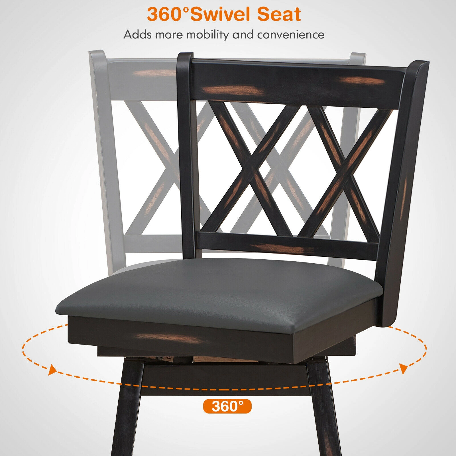 Glintex 2-Piece 24-Inch Swivel Counter Stool Set with Padded PVC Back, Black