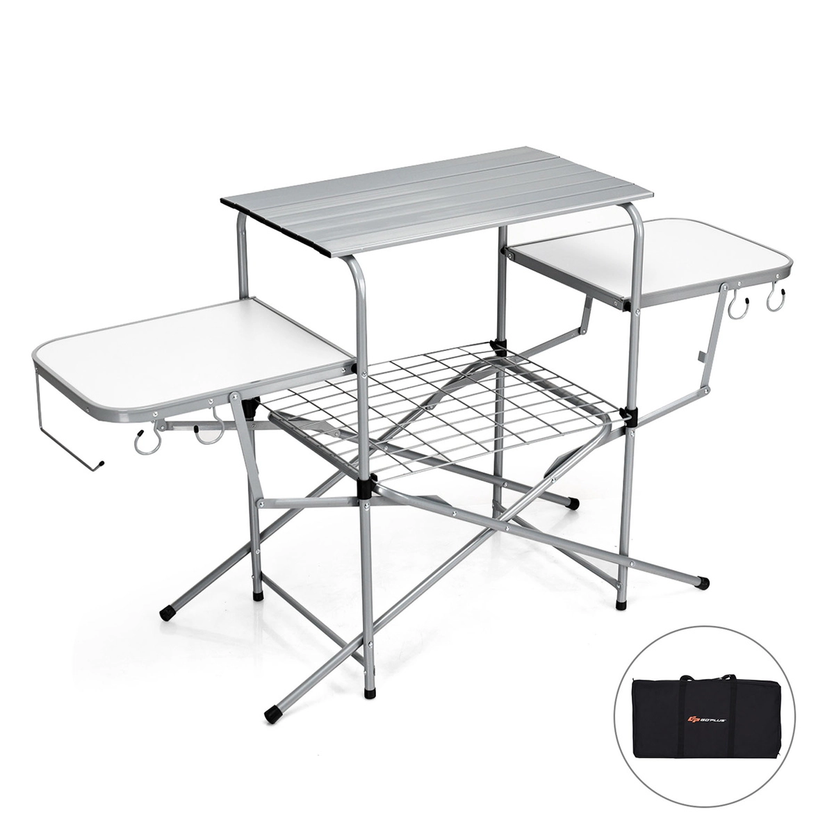 SUGIFT 57.5-Inch Foldable Grill Table, Aluminum Top, 2 Side Shelves, 4 Hooks, Paper Towel Holder, Carry Bag