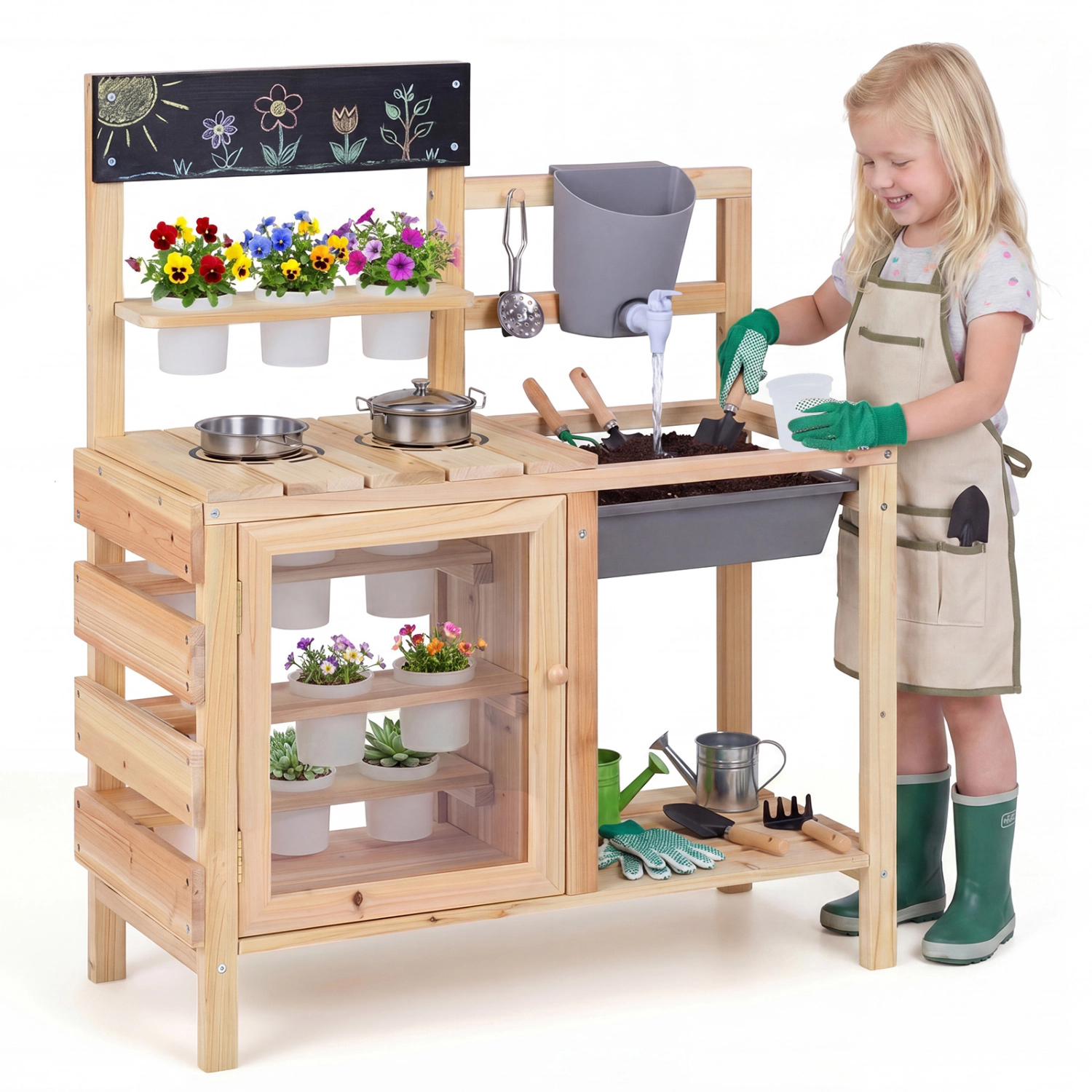 LJG Kids Mud Kitchen Playset with Sink and Plants Observation Room