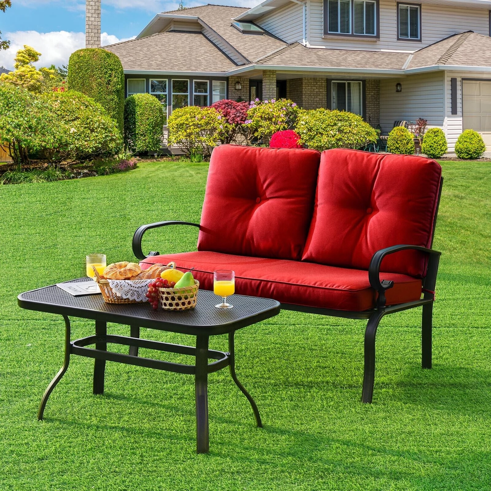 SUGIFT 2-Piece Steel Patio Conversation Loveseat Bench and Coffee Table Set 550-lb Capacity with Cushions Red