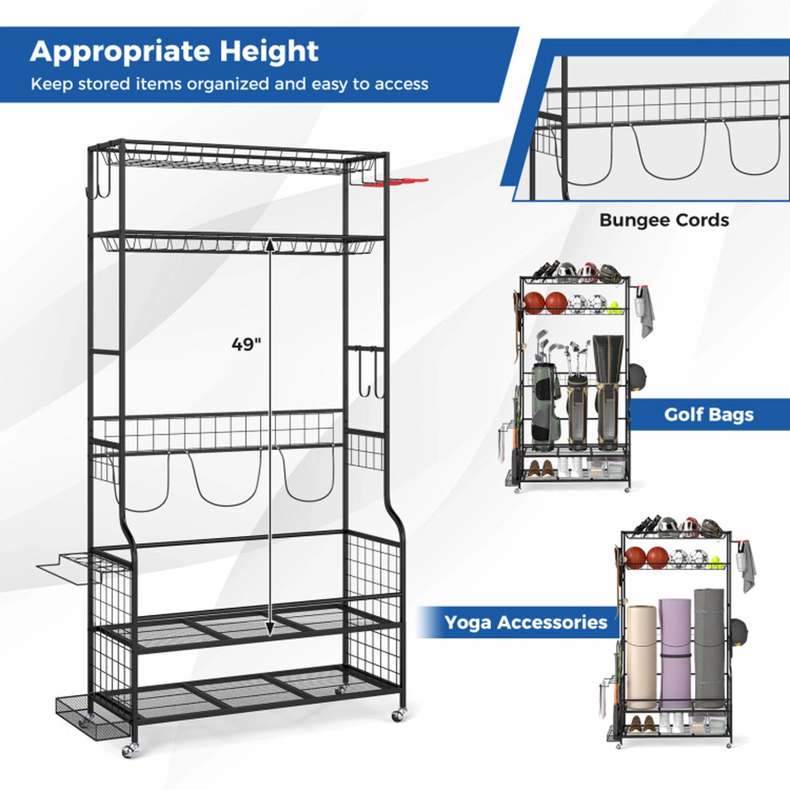 SUGIFT Black Golf Bag Storage Organizer with Club Rack and 2 Baskets 52-in W 16-in D 76-in H 44-lb Per Shelf