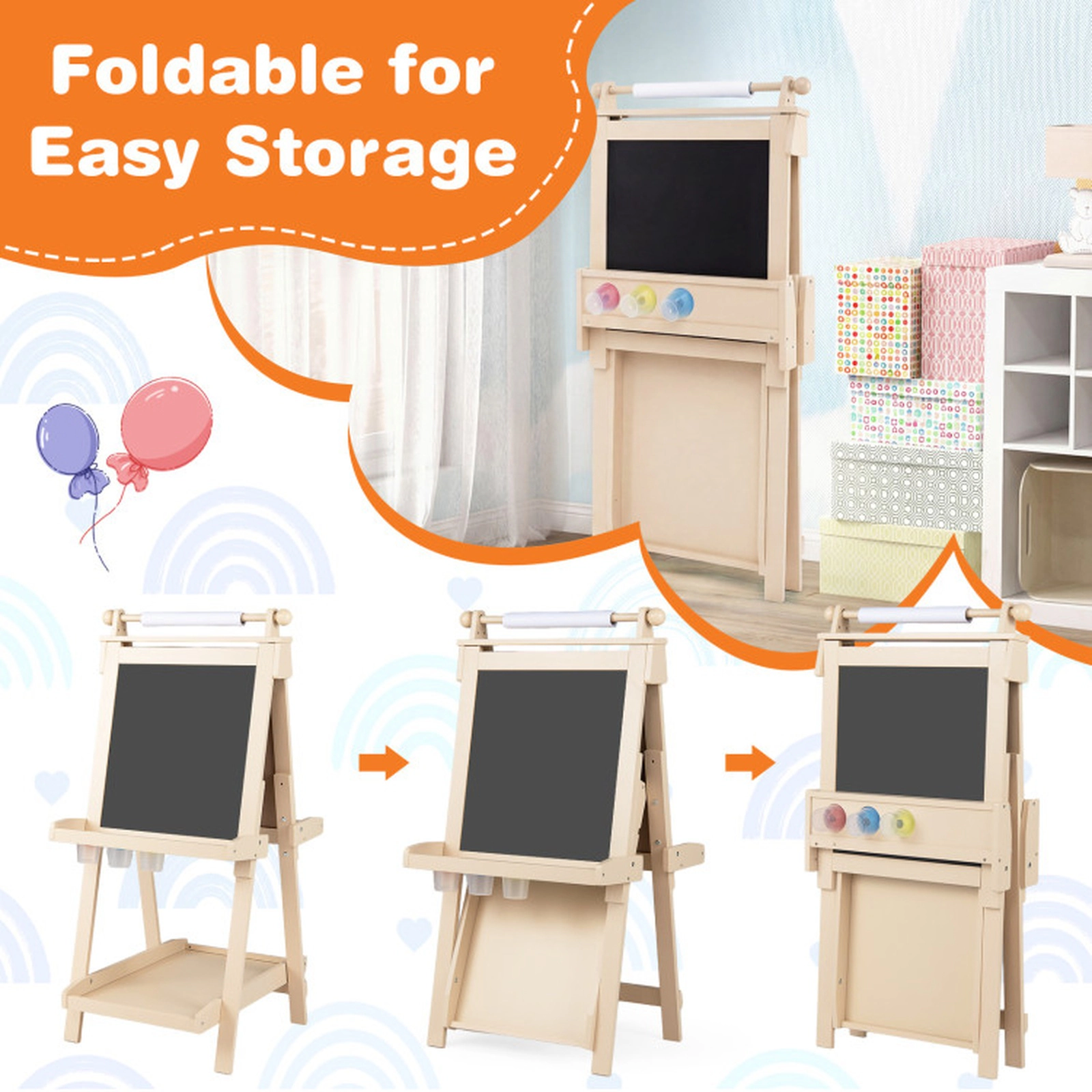 SUGIFT 3-in-1 Double-sided Art Easel with Chalkboard and Magnetic Whiteboard 33-lb Tray Capacity Ages 3+ Natrual