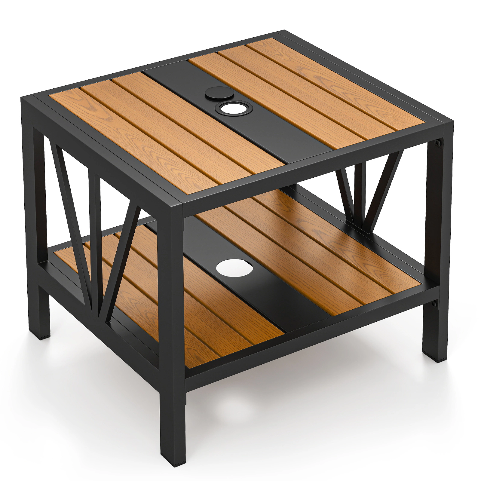 SUGIFT Outdoor Metal Side Table with Storage Shelf and Umbrella Hole 110-lb Tabletop Capacity Black and Natural