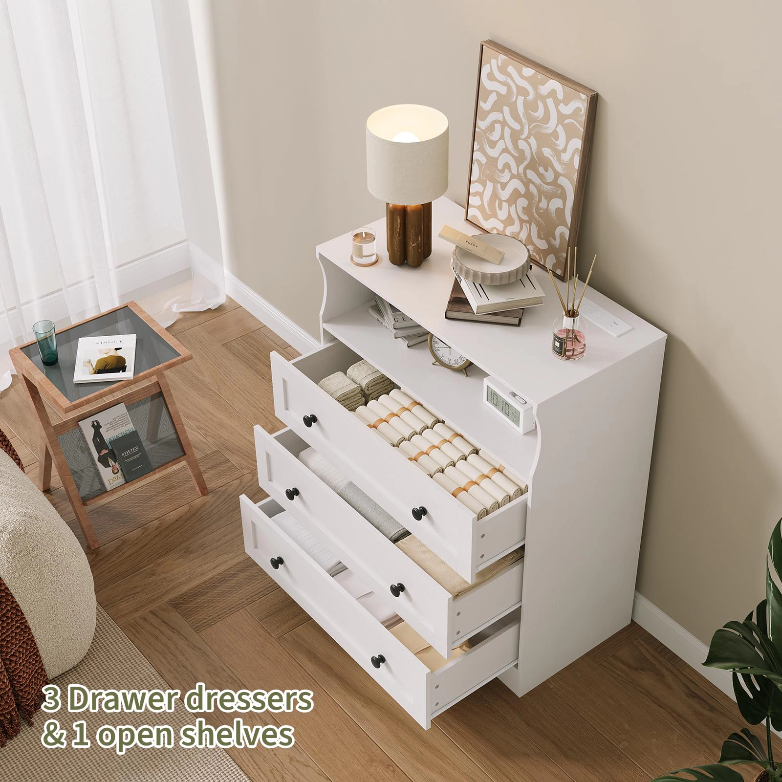 37.2" 3 Drawer Dresser with LED Lights & Charging Station, Wood Storage Chest Open Shelf