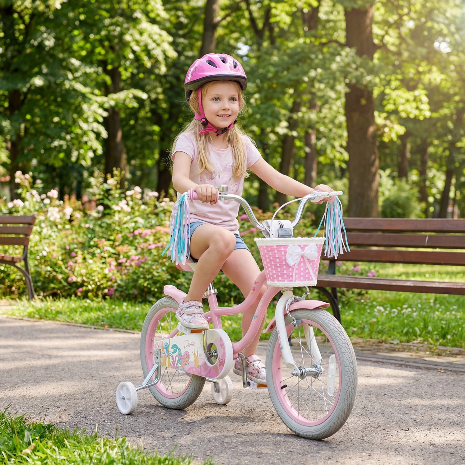 16-in Girls Kids Bike Removable Training Wheels Front Basket Ages 4-7 Pink Bicycle Mudguards 110-lb Seat Capacity