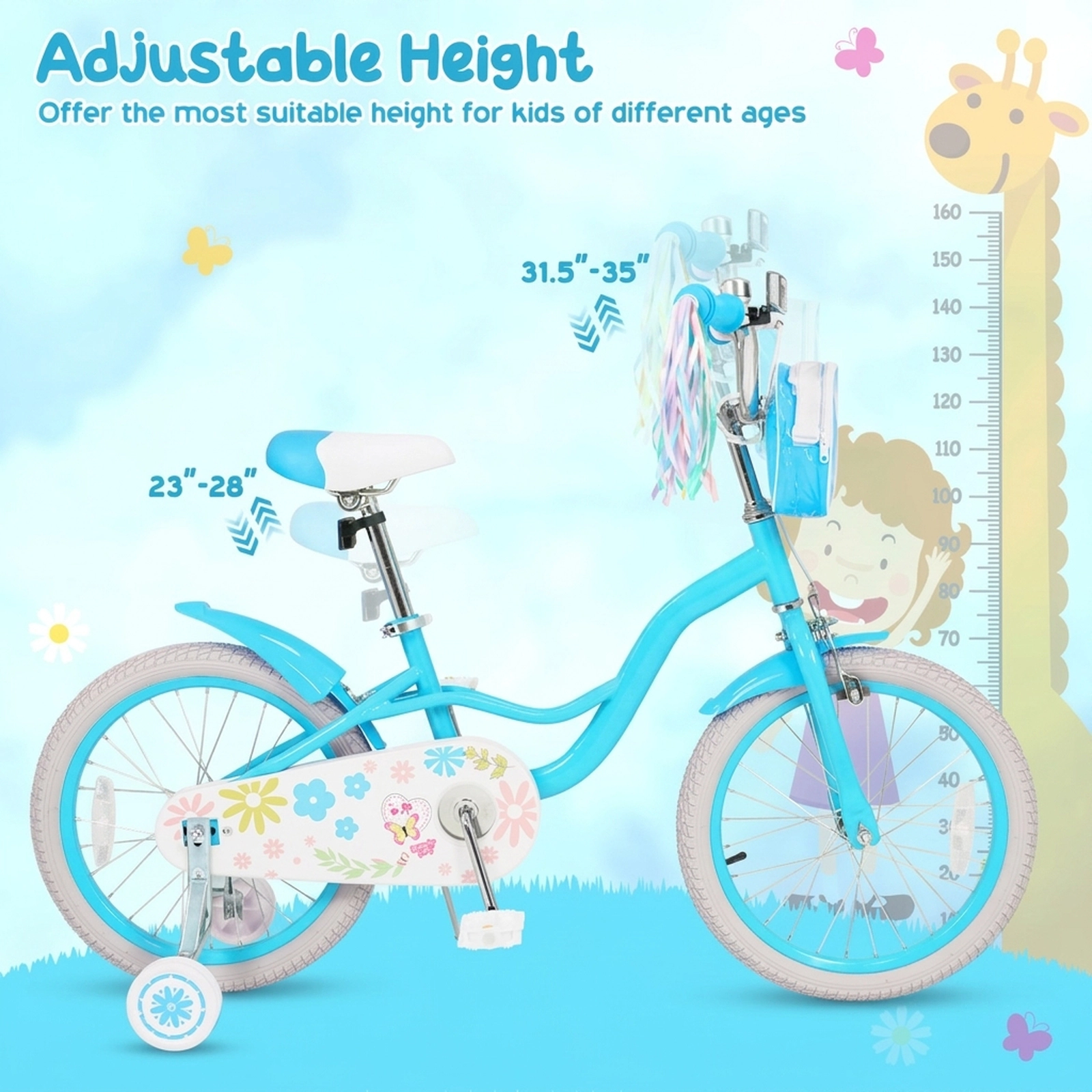 SUGIFT Blue Training Wheels Front Bag Streamers and Kickstand Girls 18 Inch Bike