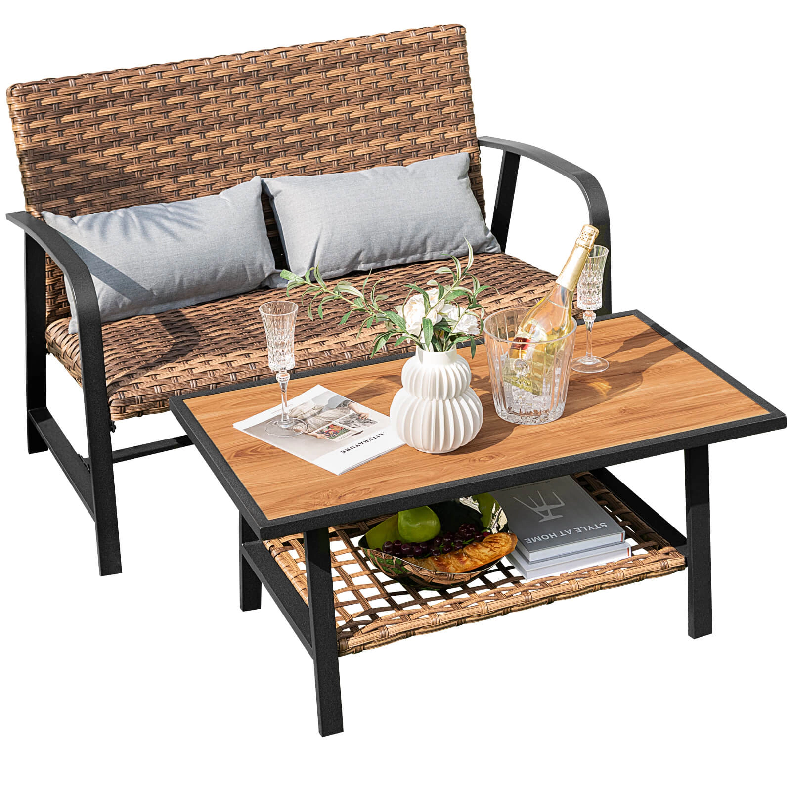 SUGIFT Brown Quick Dry Cushion 2-Piece Patio Rattan Loveseat and Coffee Table Set