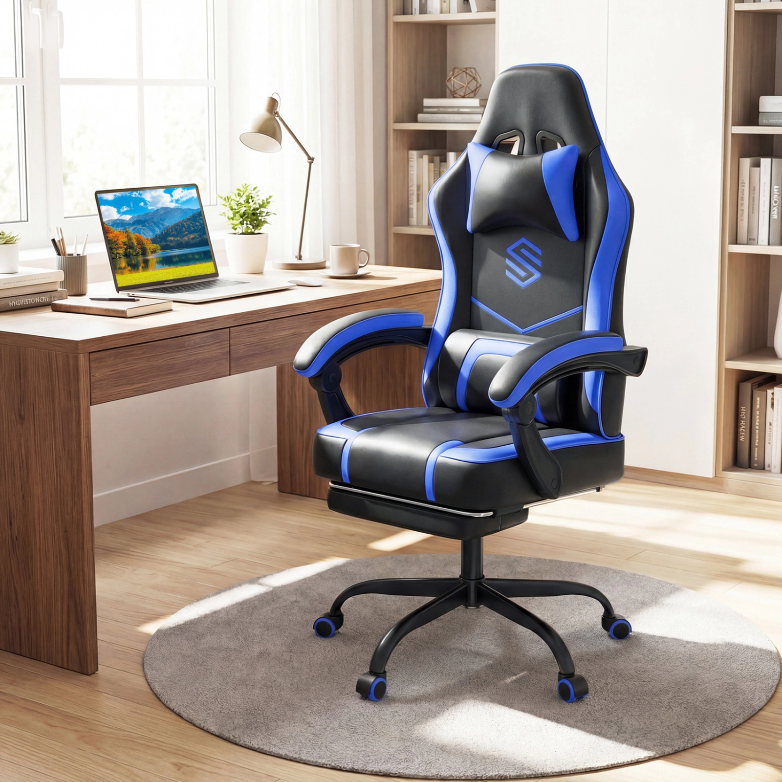 SUGIFT Navy Ergonomic Reclining Gaming Chair with Footrest and Headrest
