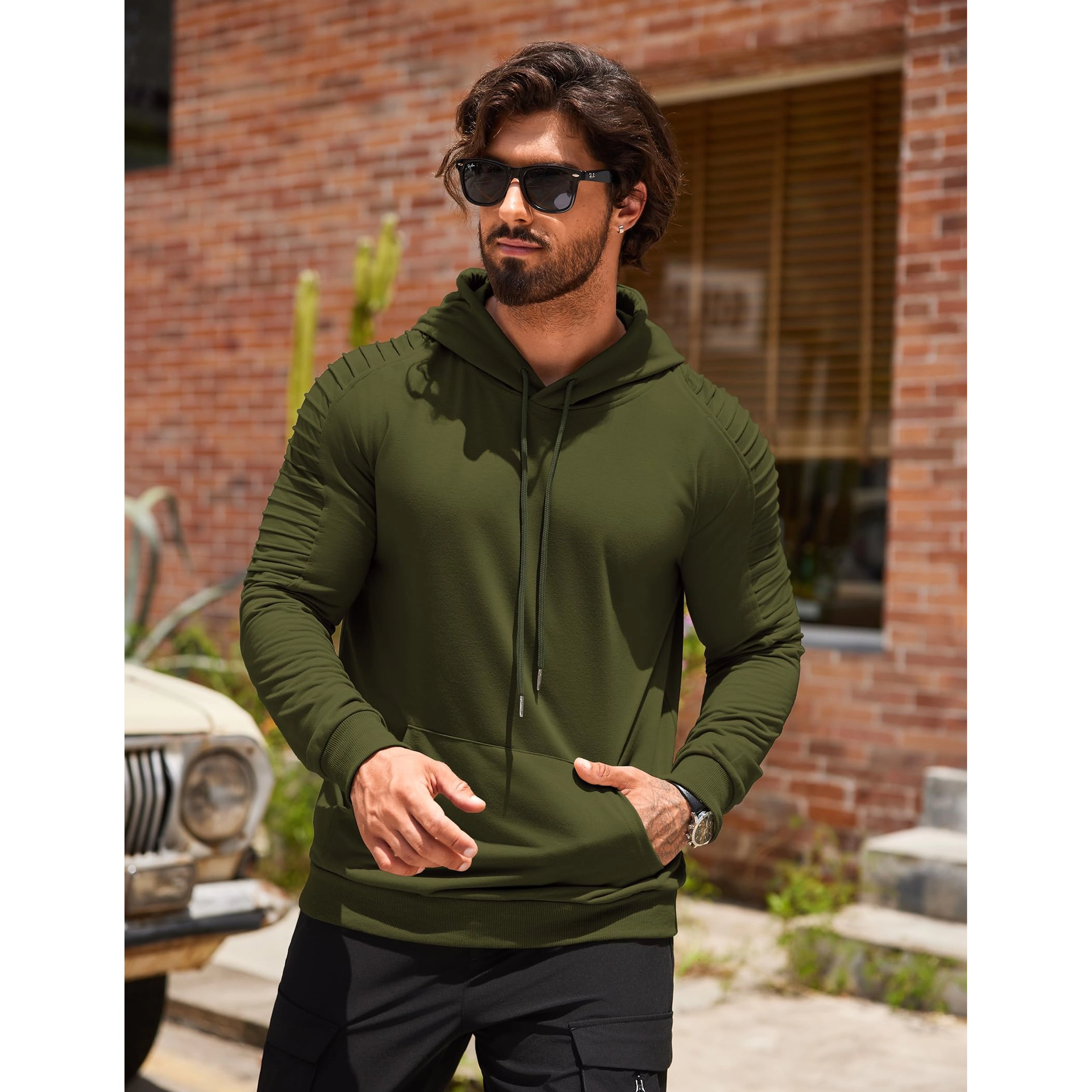COOFANDY Men's Regular Fit Ribbed Sleeve Pullover Hoodie