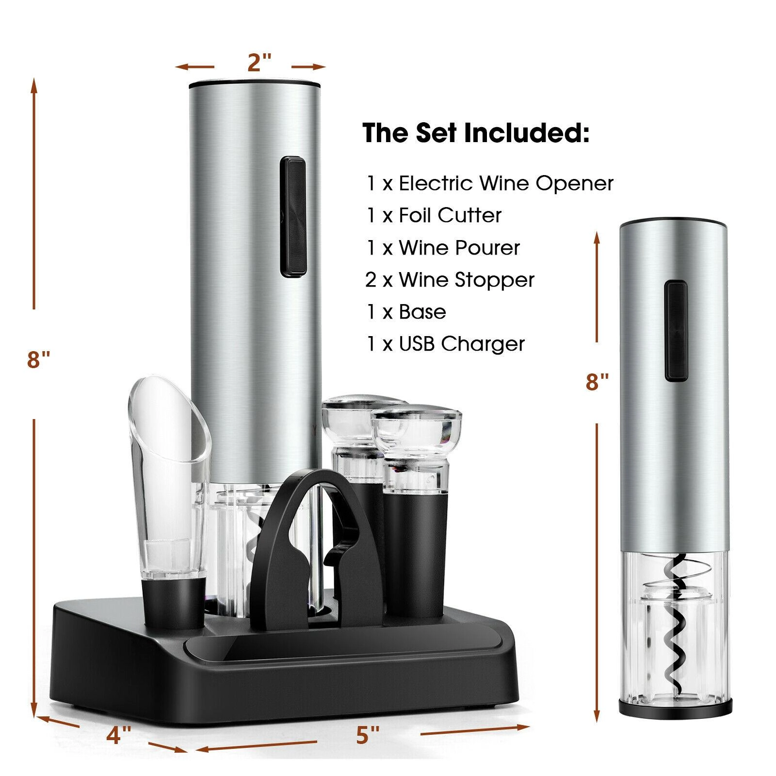 SUGIFT 6-in-1 Rechargeable Electric Wine Bottle Opener Set with Foil Cutter Pourer and 2 Stoppers