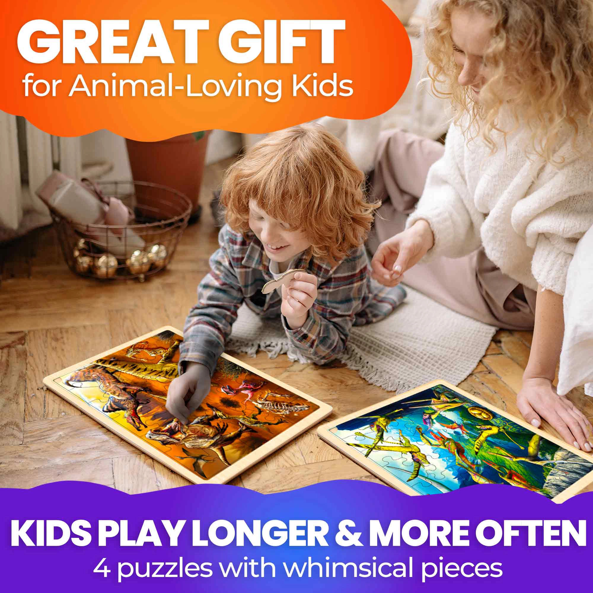 QUOKKA Montessori Wooden Jigsaw Puzzles, 24, 36 & 48 Piece Puzzle Set for Kids, Animals Dinosaurs, Ages 3+