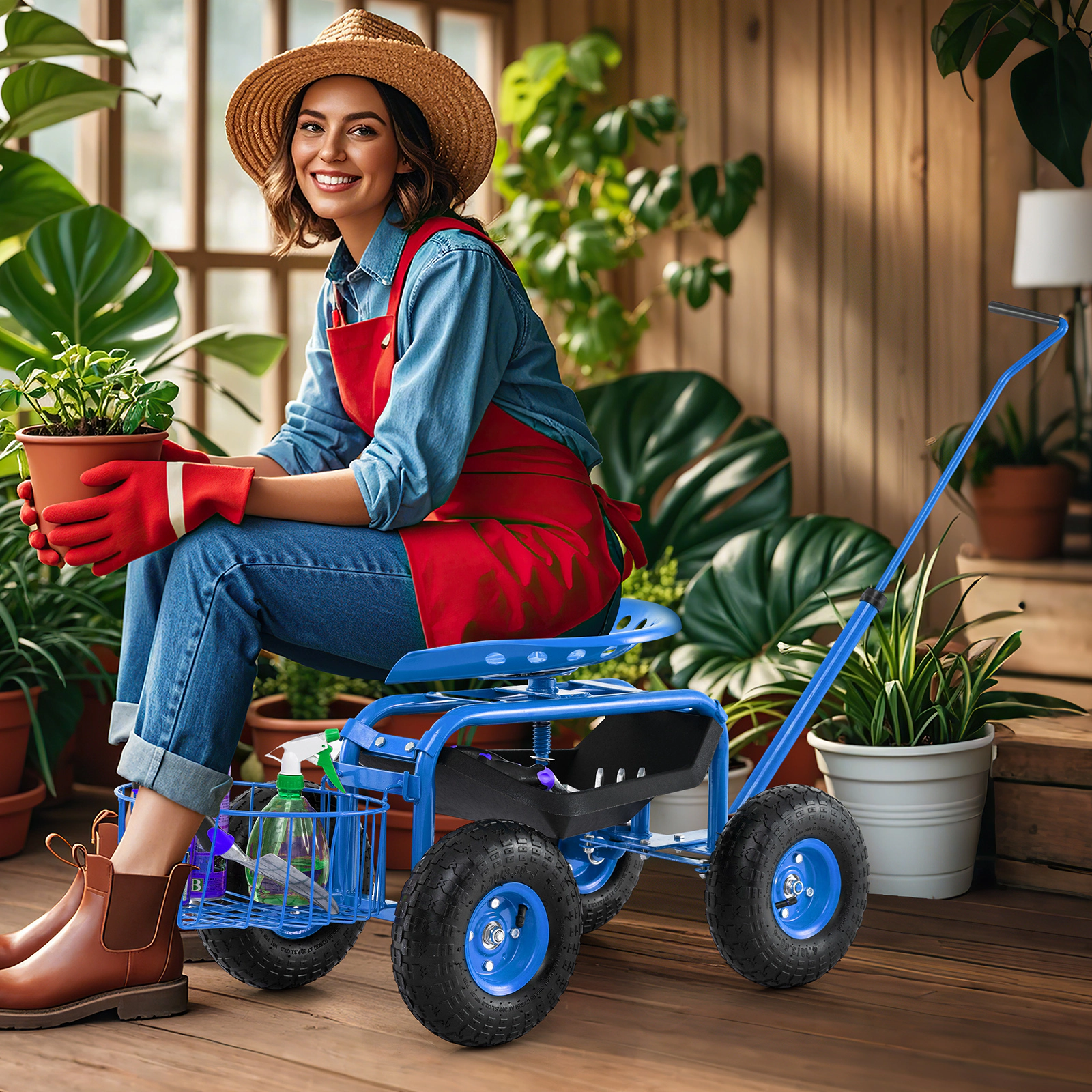 SUGIFT Adjustable Seat Extendable Handle Garden Cart Rolling Wagon Scooter 330-lb Capacity Blue