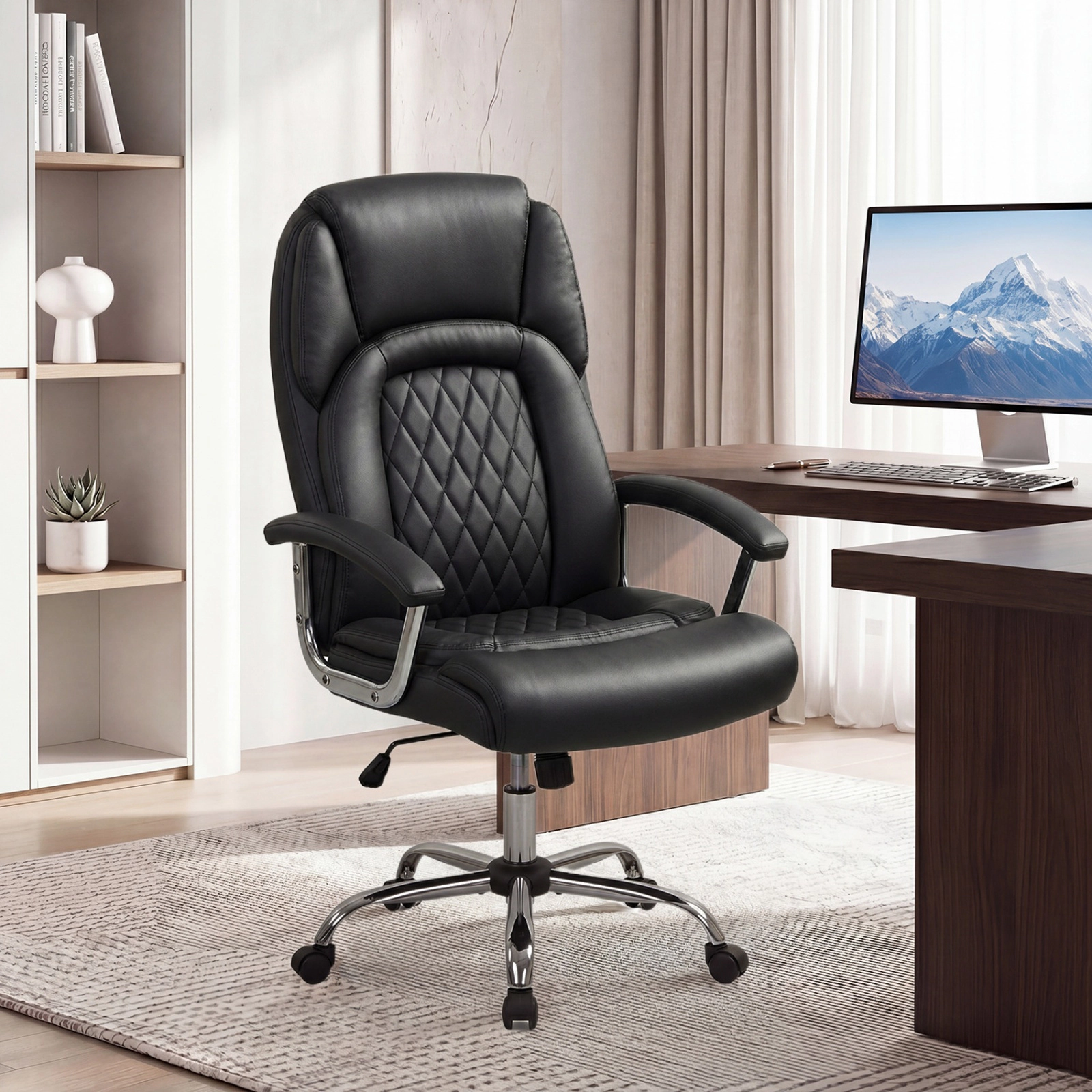 SUGIFT Big and Tall Black Faux Leather Office Chair with Lockable Rocking Backrest