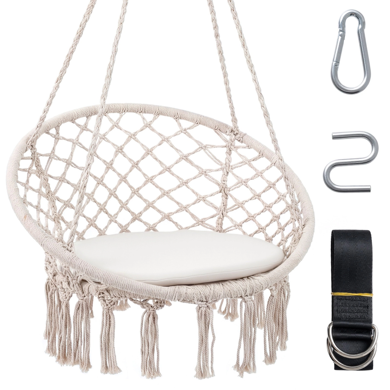 SUGIFT Macrame Swing Chair Hammock Chair with Round Seat Cushion 330-lb Capacity Beige
