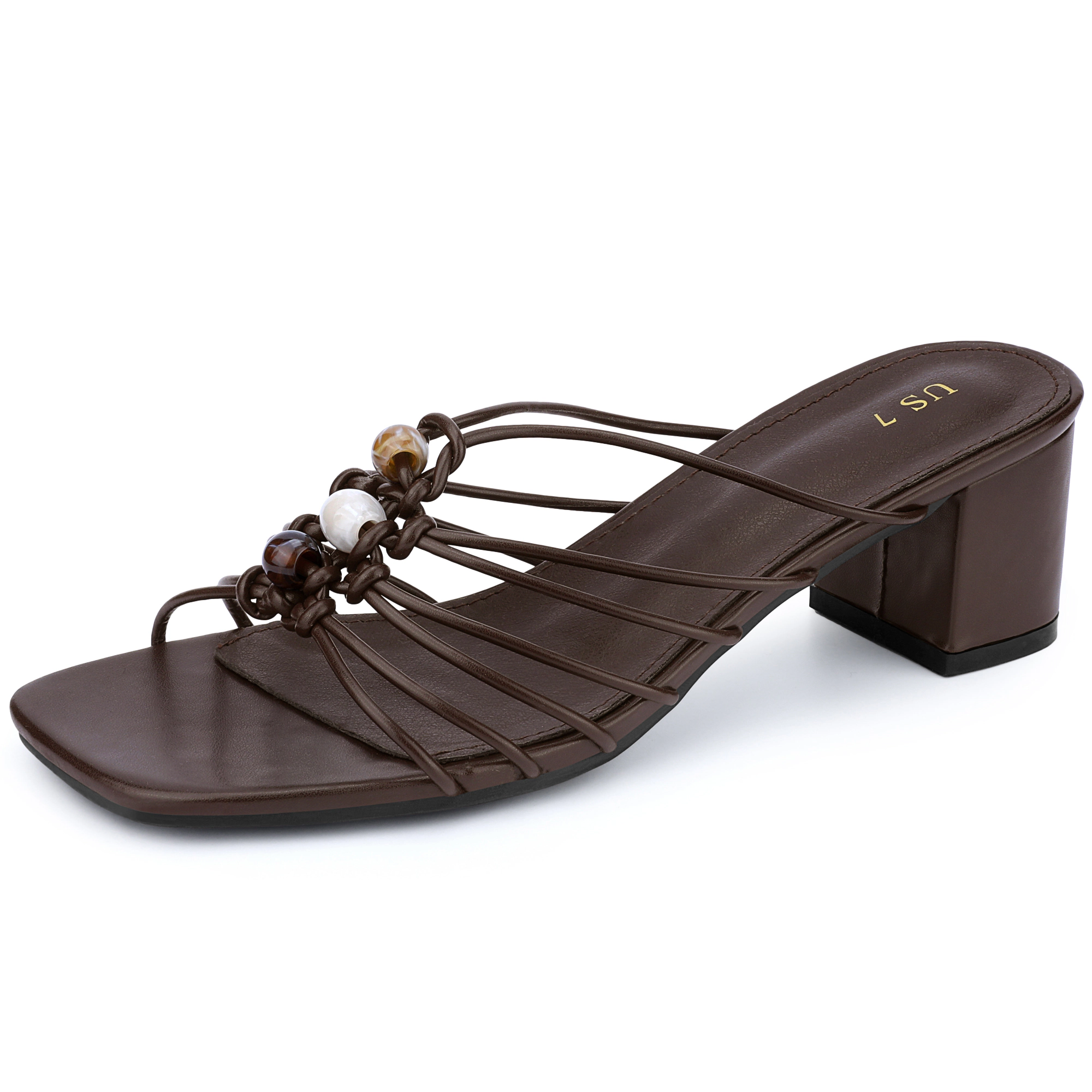 BLISSFUL STEP Women's Beaded Square Toe Strappy Slip on Chunky Heel Sandals
