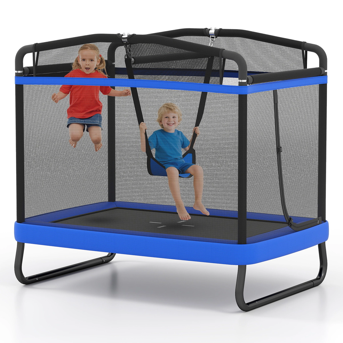 SUGIFT 6 ft Kids Rectangle Trampoline with Swing and Horizontal Bar 132-lb Trampoline Capacity Ages 3+ Blue/Pink