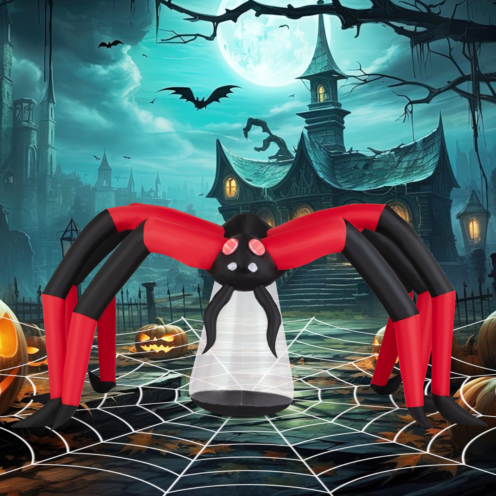 Glintex 10-Ft Span Halloween Inflatable Spider with Red Tunnel Eye Lights, Black