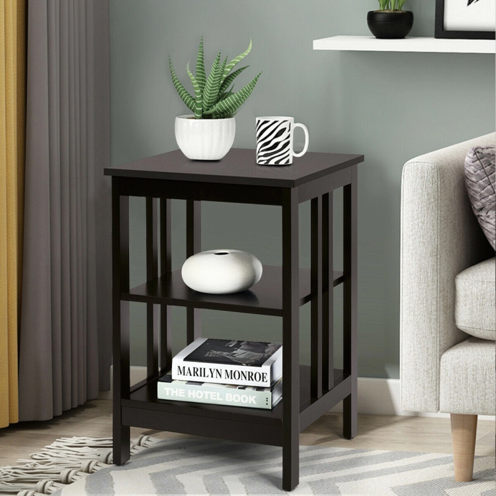 SUGIFT 3-Tier MDF Nightstand Sofa Side Table with Baffles 24-in Tall 45-lb Capacity Dark Brown