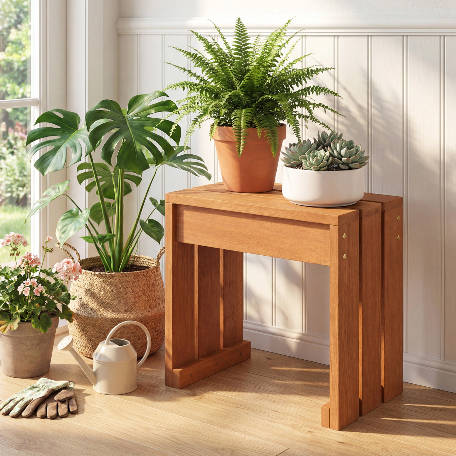 LJG Outdoor Garden Bench Single Person Patio Backless Bench with Solid Wooden Frame