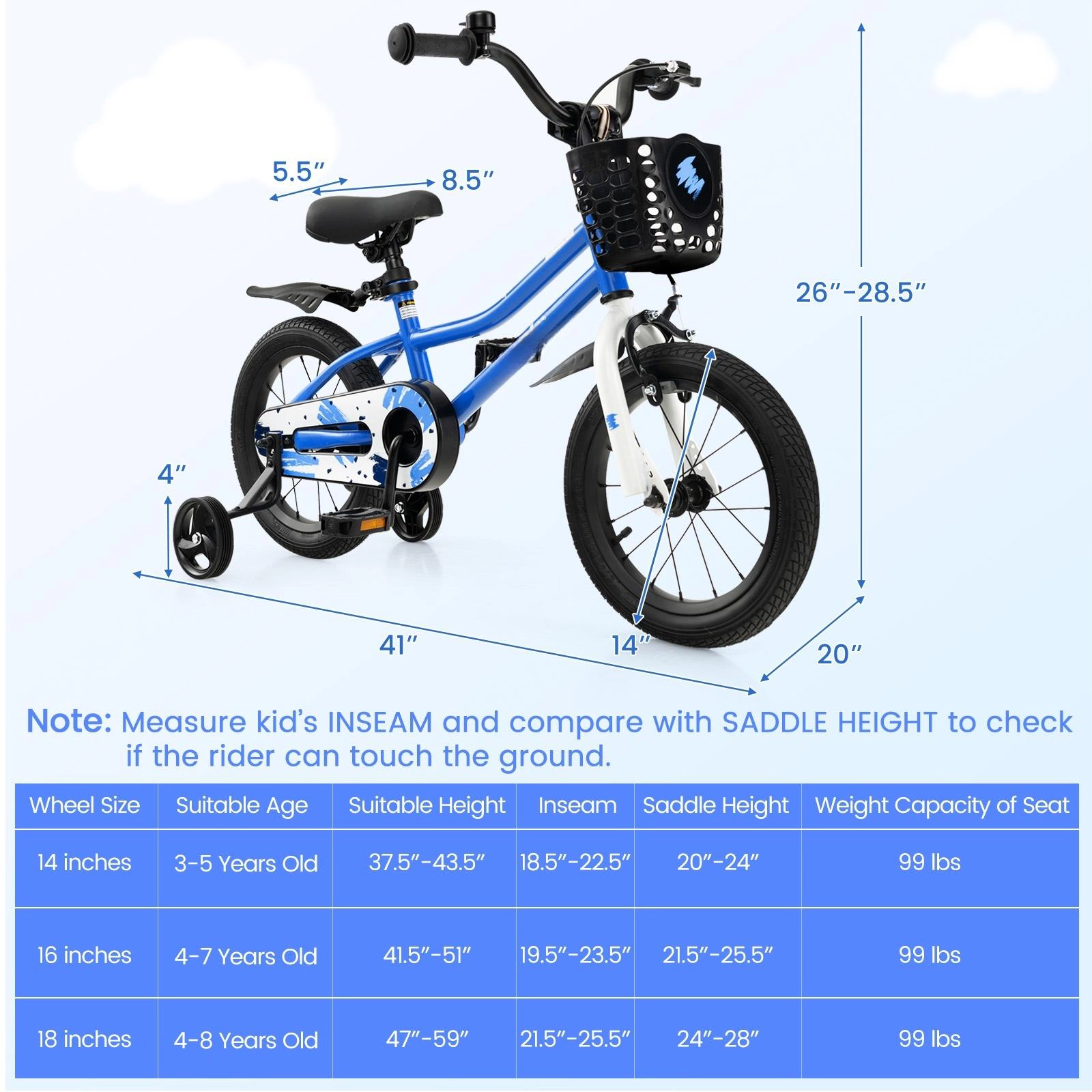 SUGIFT Height-Adjustable 14-Inch Kids Bike with Training Wheels 99-lb Seat Capacity Ages 3-5 Years Blue