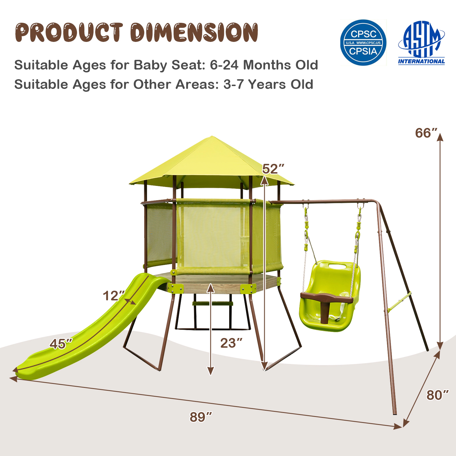 SUGIFT Kids Green 4-in-1 Swing Set with Playhouse Fort and Slide 7.5-ft W 6.7-ft D 5.5-ft H 200-lb Set Capacity