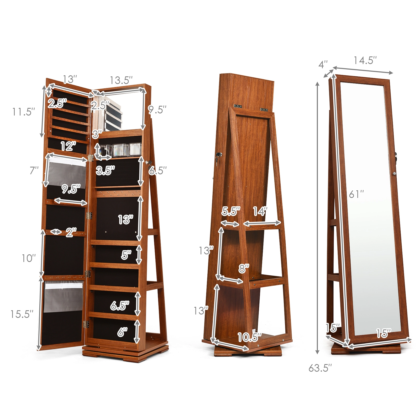 SUGIFT 360° Rotatable 2-in-1 Lockable Jewelry Cabinet with Full-Length 57-in Mirror Brown