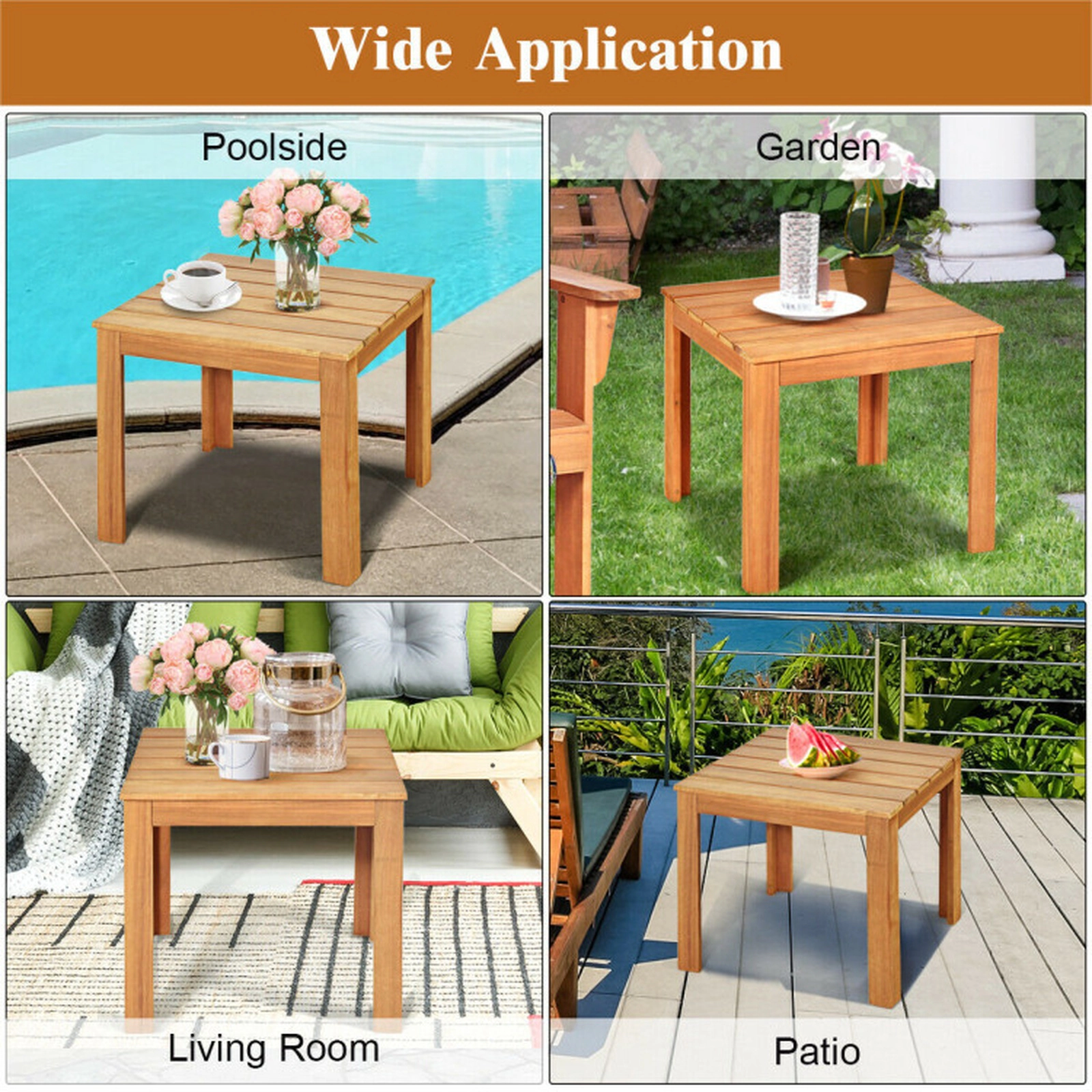 SUGIFT Square Slatted Top Solid Acacia Wood Outdoor Patio Side Table 18-in x 18-in x 16-in 220-lb Capacity Natural