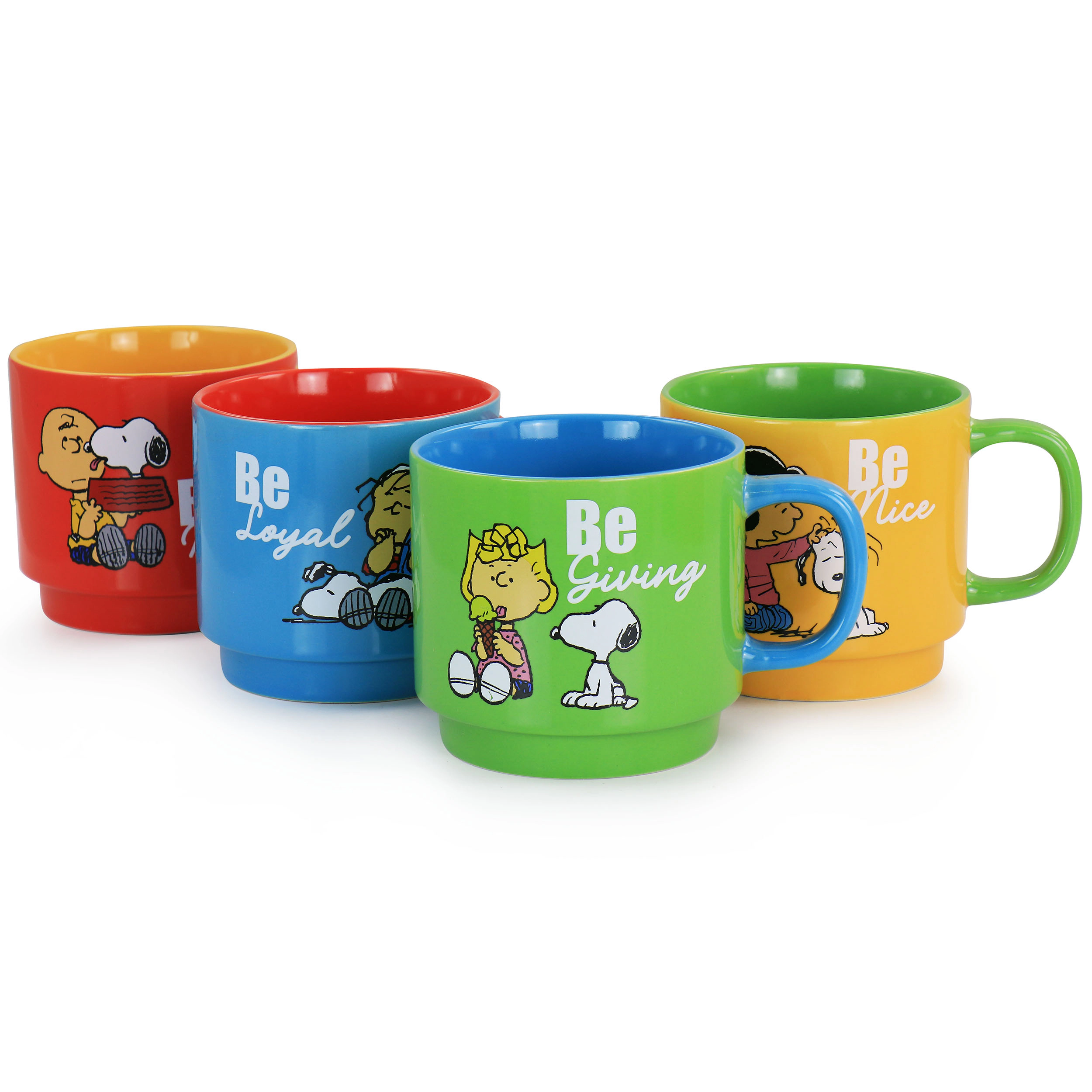 Gibson Peanuts Classic Gentle Reminders Collection 4 Piece Stoneware Stackable Mug Set with Metal Stand