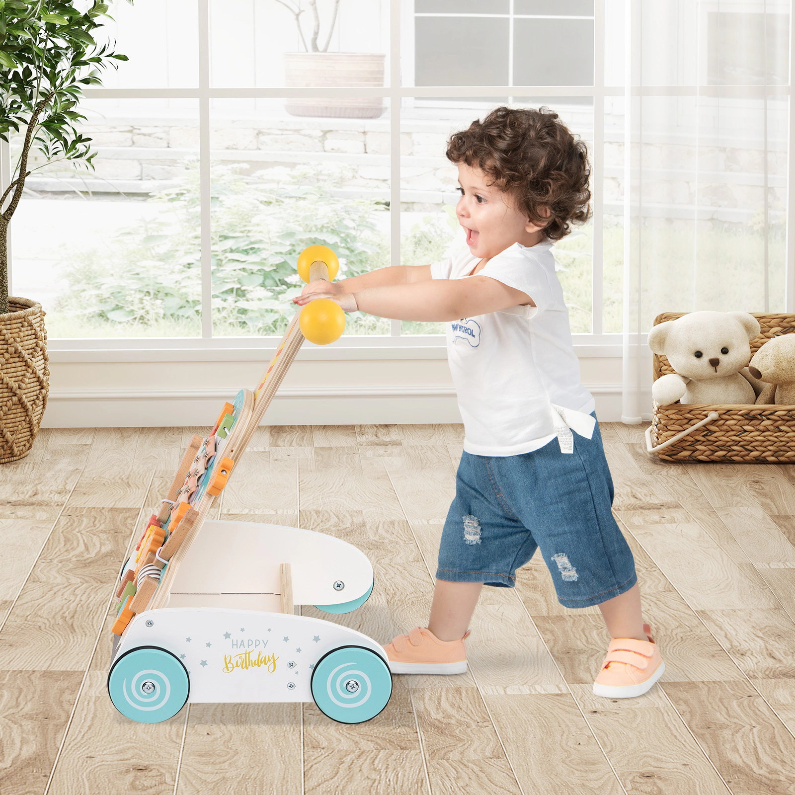SUGIFT White 3 Adjustable Handle Heights and Smooth Rubber Wheels Wooden Baby Walker