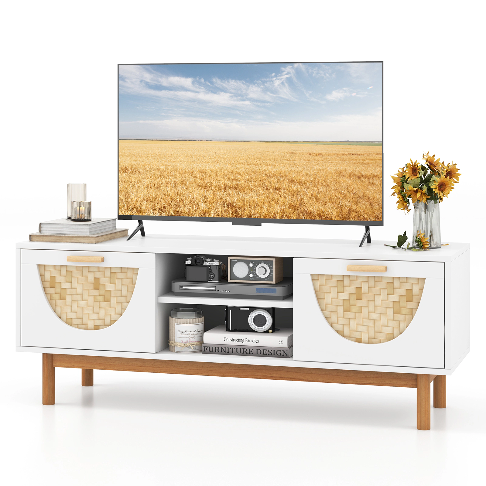 LJG Mid Century Modern TV Stand Entertainment Center for 55-Inch TV with 2 Drawers and Bamboo Woven Fronts