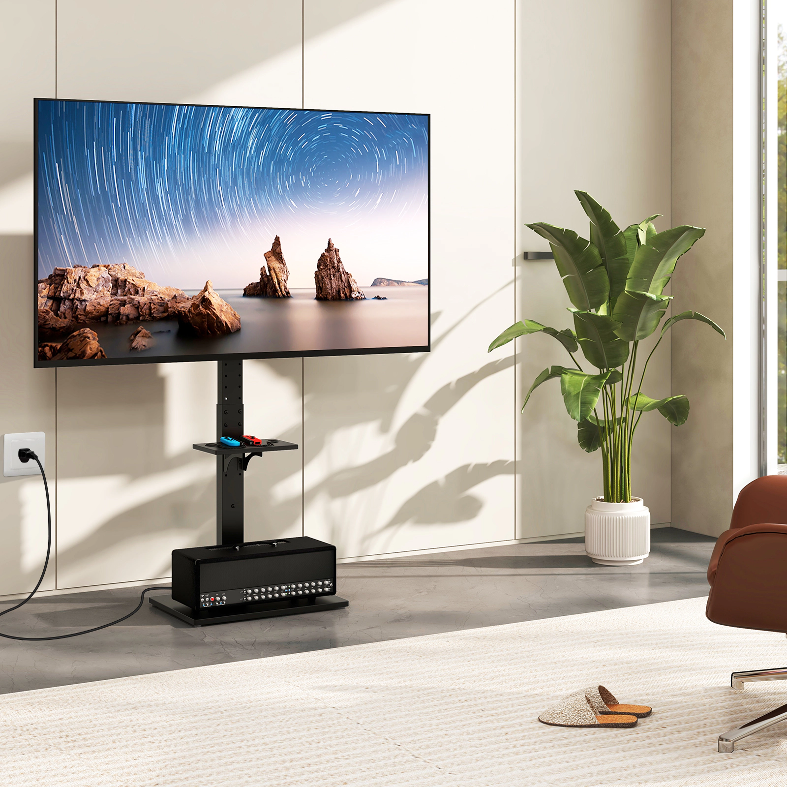 SUGIFT Tilt and Height Adjustable Floor TV Stand with Power Outlet and AV Shelf 110-lb Capacity Black