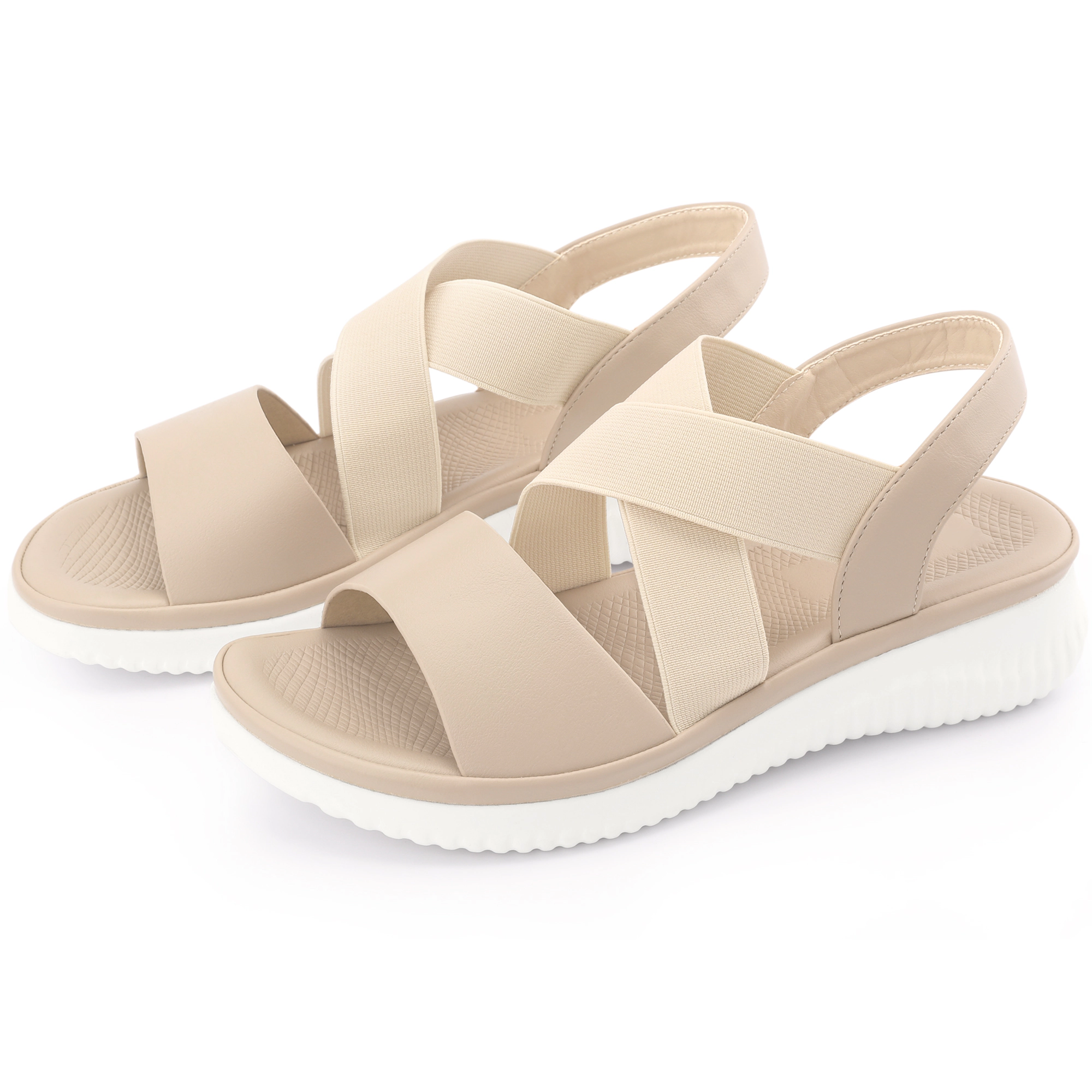 BLISSFUL STEP Women Open Toe Elastic Ankle Strap Cross-Strap Flat Sandals