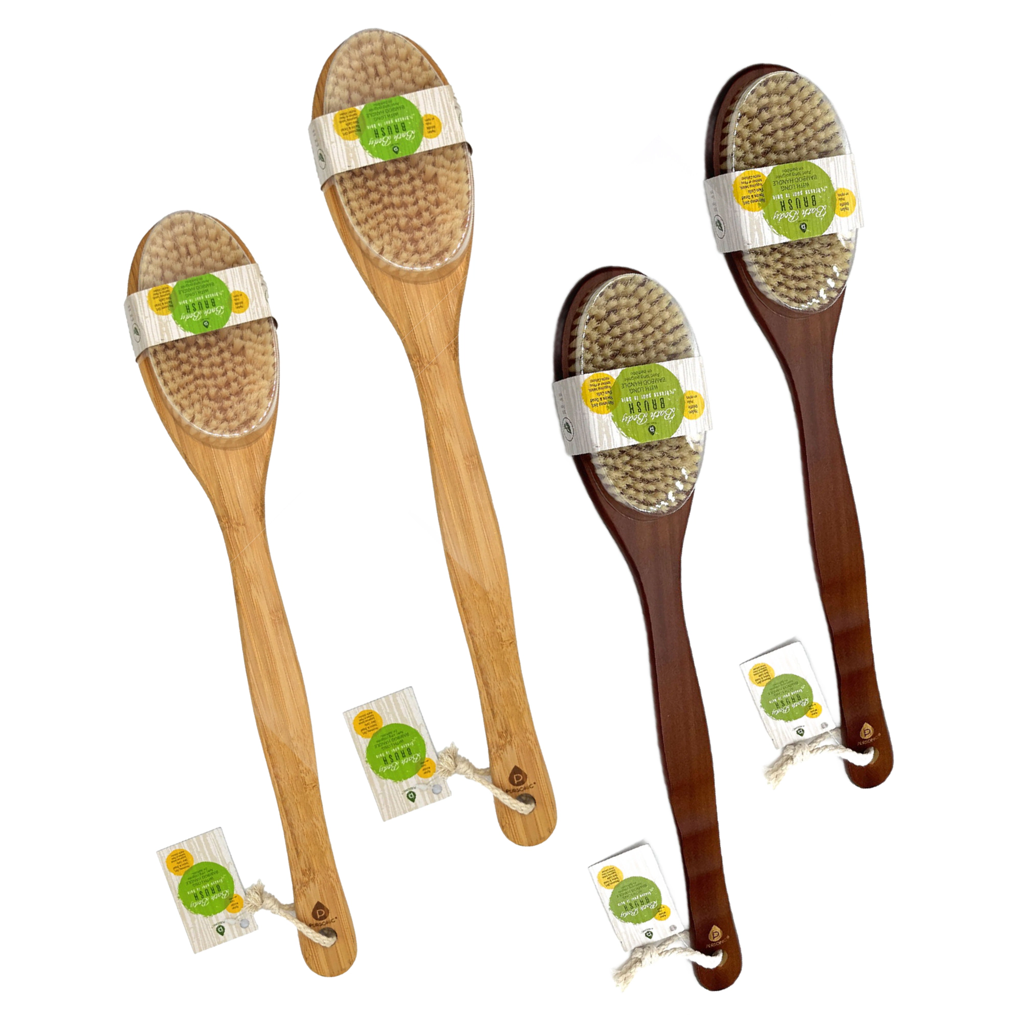Pursonic Unisex Eco-Friendly Bamboo Bath Body Brush 4-Piece Family Pack with Long Handle