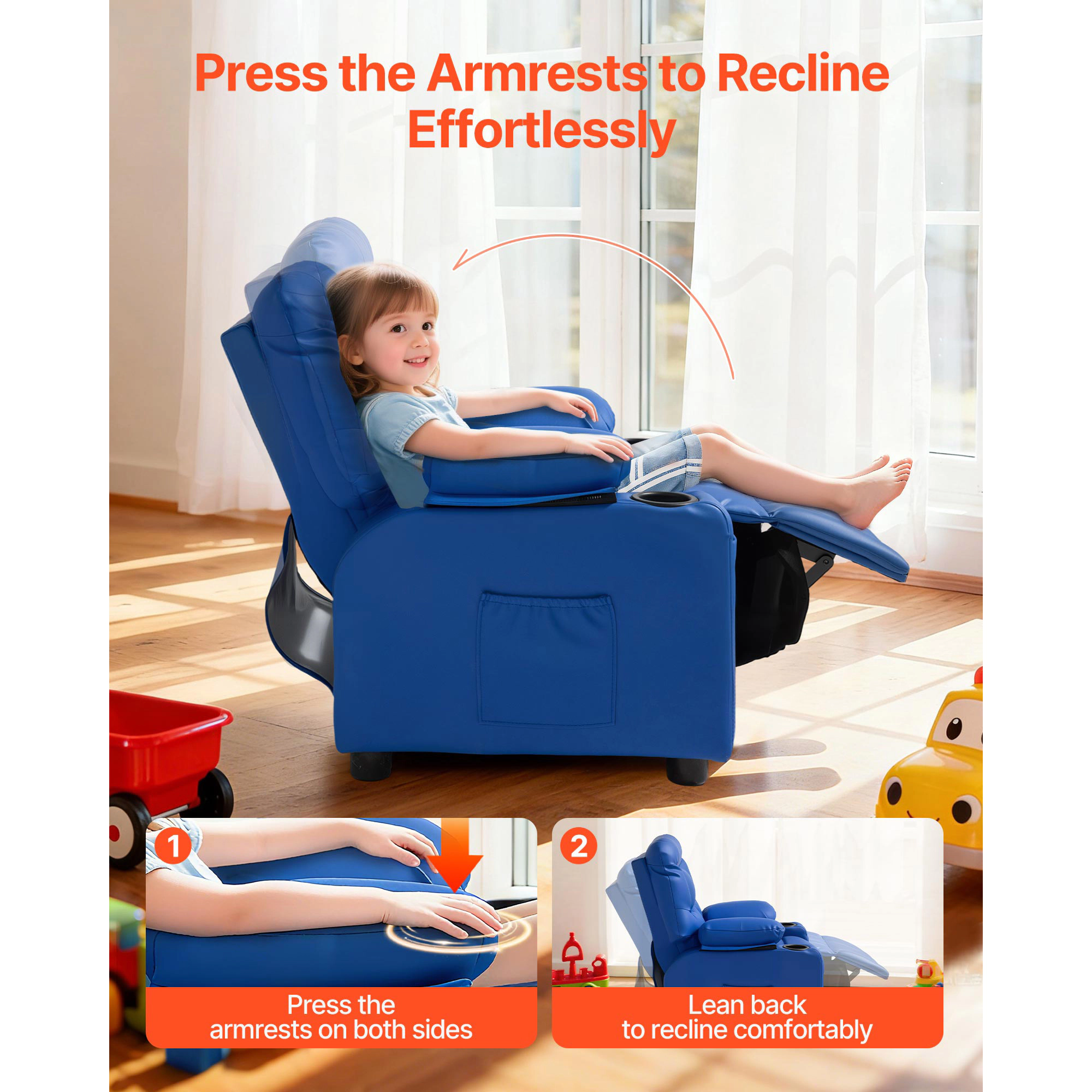 HONGGE Kids Recliner Chair Toddler with Holders & Pockets 107° to 126° Adjustable Back Reclining for Boys and