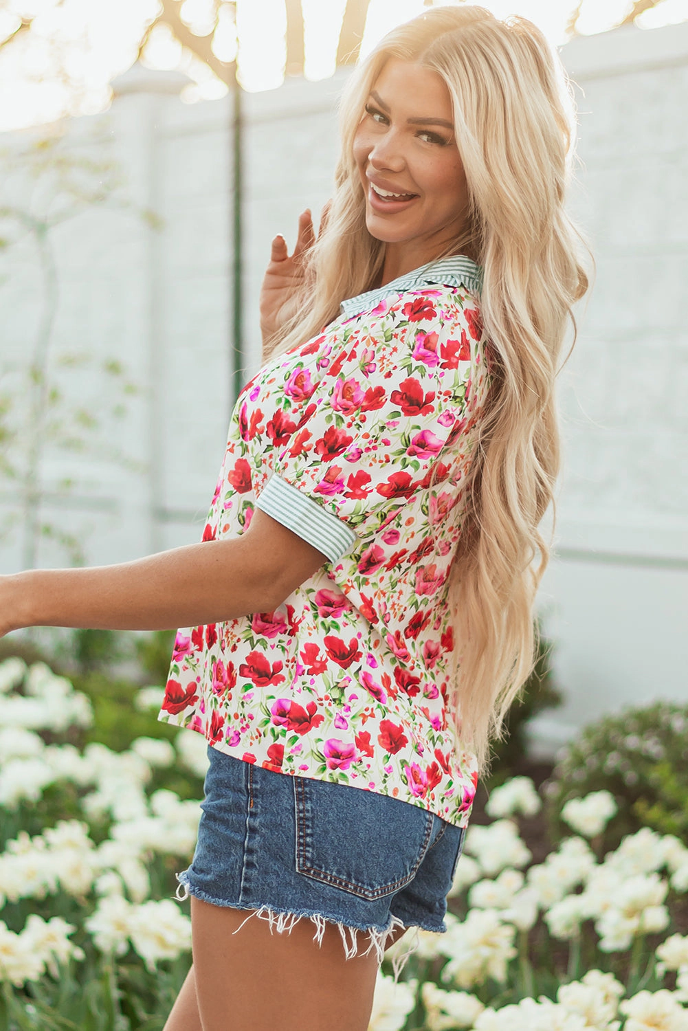 Threaded Pear Women's Romy Floral Striped Patchwork Collared Short Sleeve Blouse