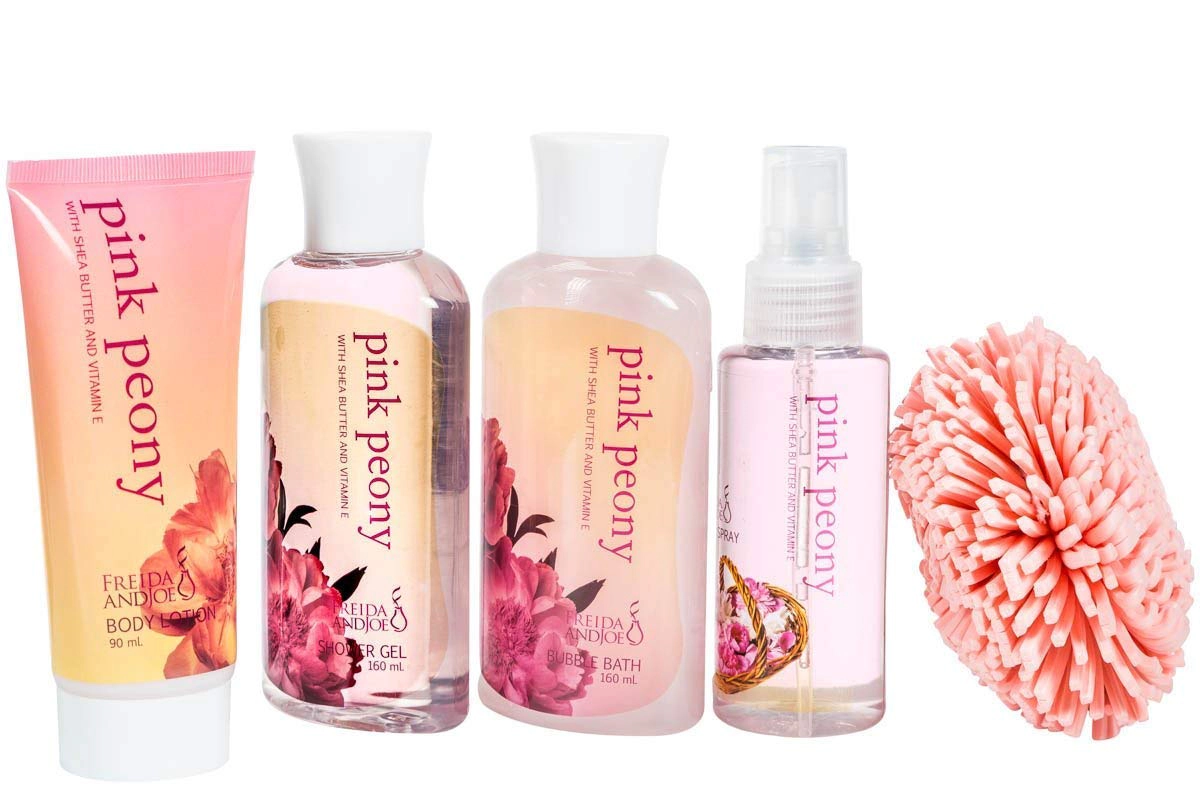 Pink Peony Bathroom Bath Set for Women in a Natural Wood Plant Box