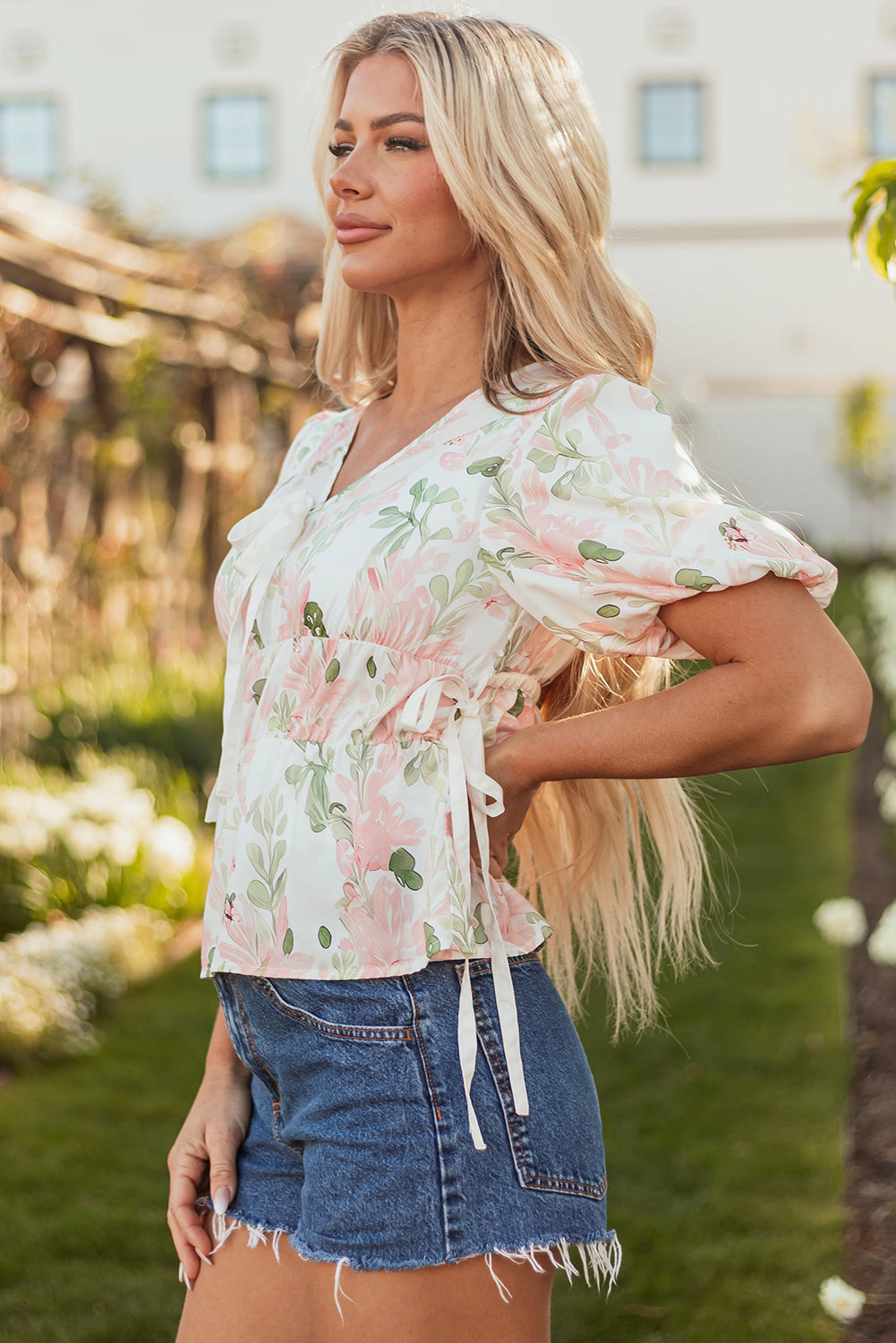 Threaded Pear Women's Alaiya Floral Puff Sleeve V Neck Tied Front Peplum Blouse