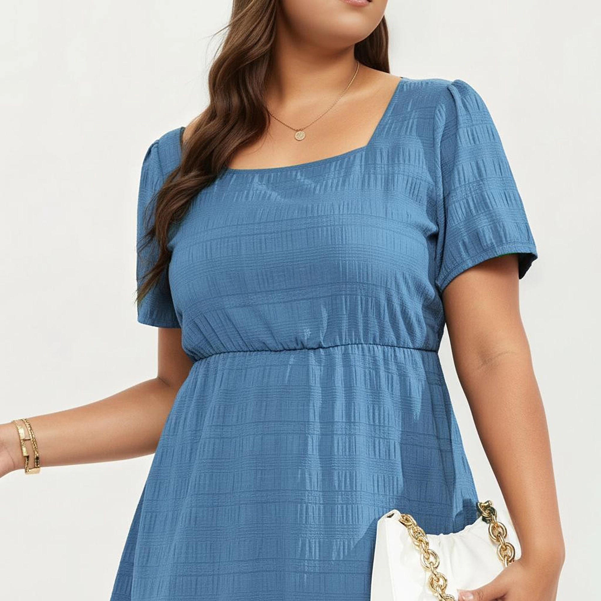 Anna-Kaci Women's Plus Square Neck Tiered Skirt Textured Fabric Flowy A Line Silhouette Maxi Dress