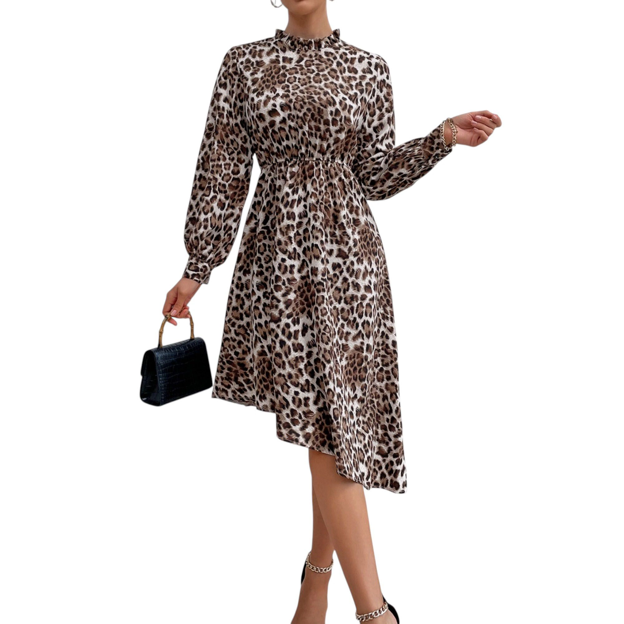 Anna-Kaci Women's Long Sleeve Leopard Print High Neck Asymmetrical Hem Midi Dress
